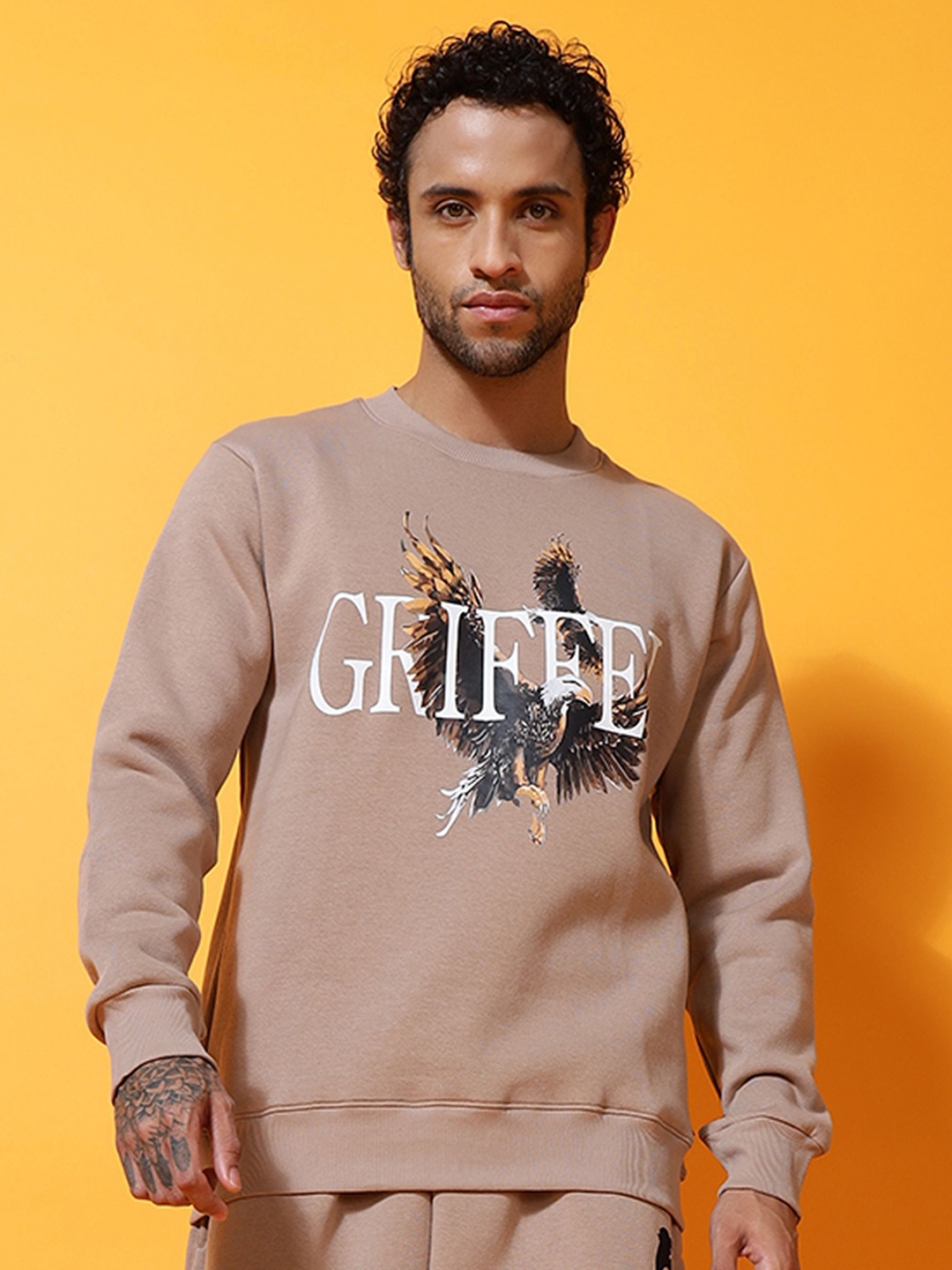 

GRIFFEL Men Graphic Printed Sweatshirt, Camel brown