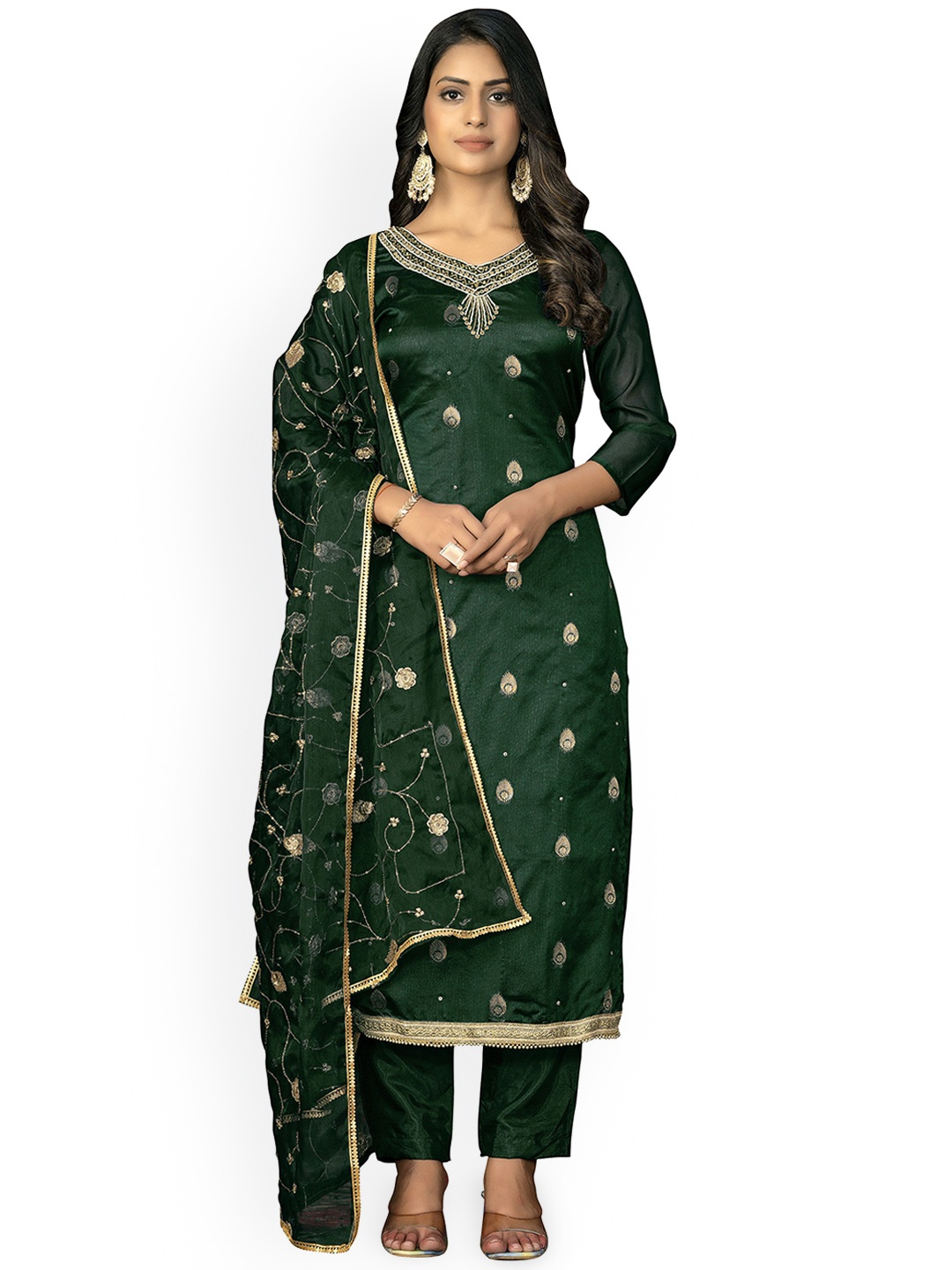 

Maroosh Ethnic Motifs Embroidered Organza Unstitched Dress Material, Green