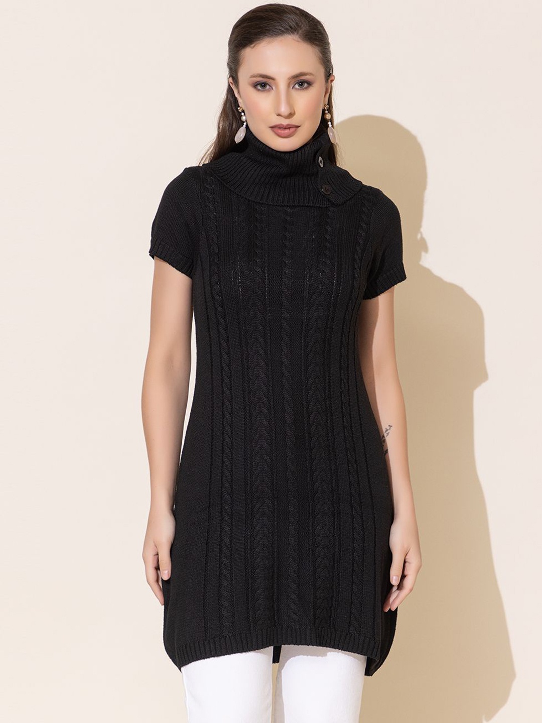 

Anouk Black Striped Woven Design High Neck Jacquard Straight Kurta