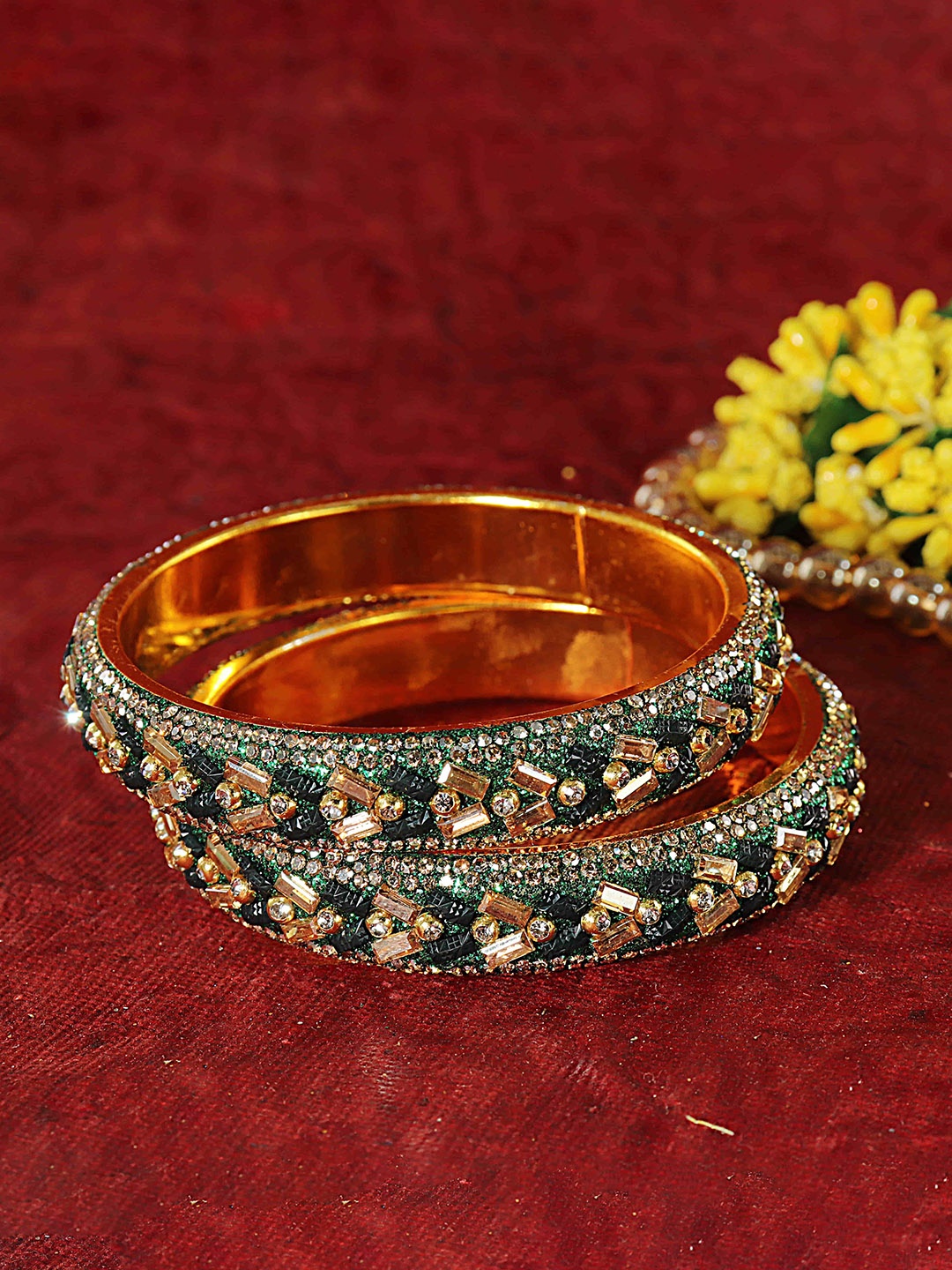 

LAVAZZA Set Of 2 CZ & Diamond Stone Studded & Beaded Bangles, Green