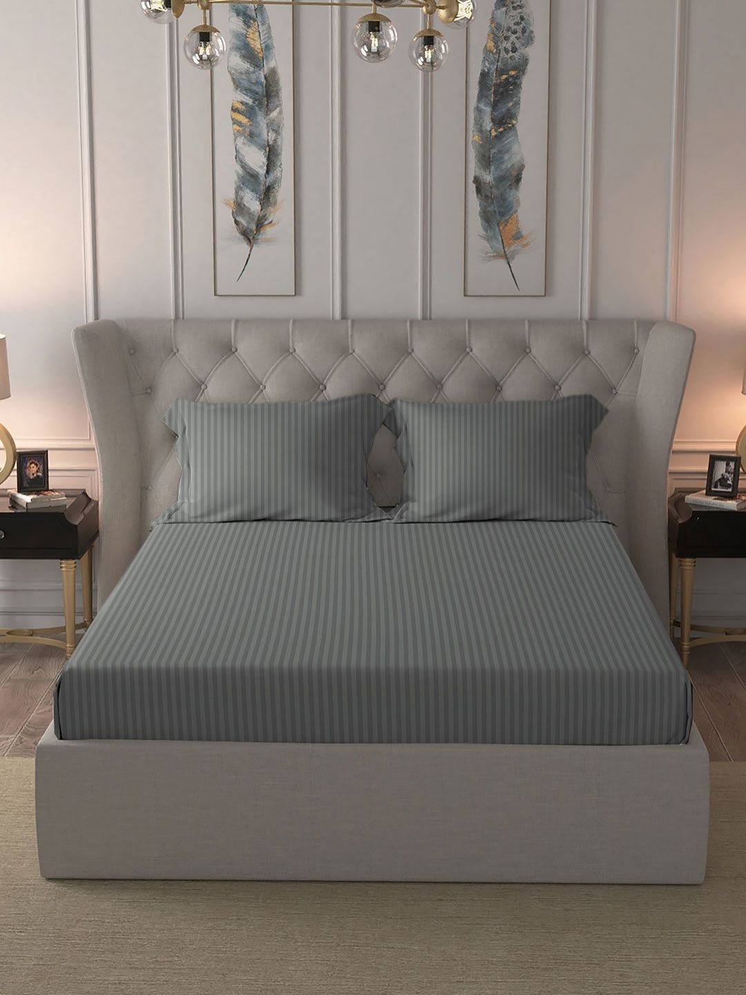 

MYTRIDENT Classic Grey Striped Cotton 210 TC King Bedsheet Set 2.74 m X 2.74 m