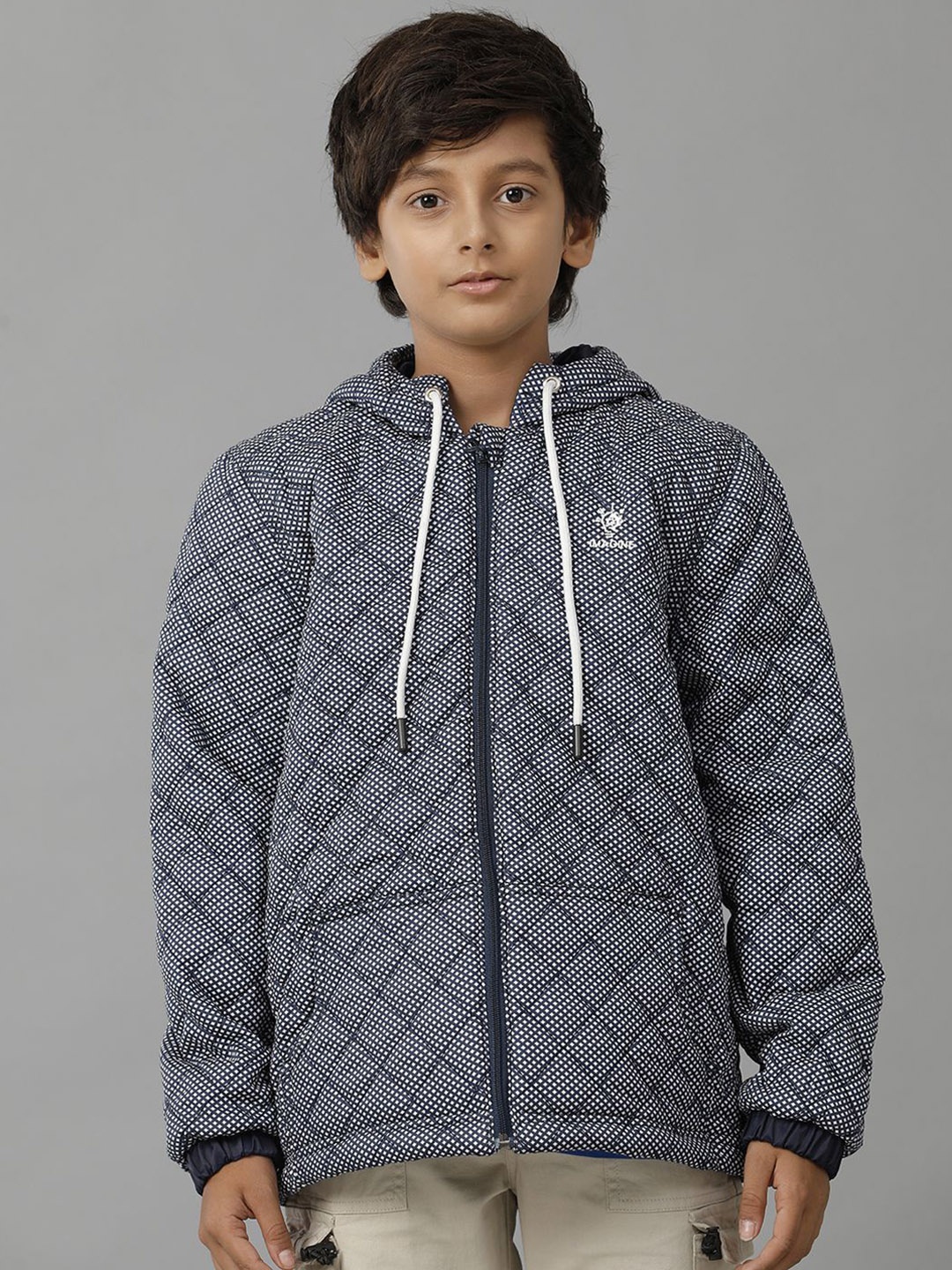 

UNDER FOURTEEN ONLY Boys Hooded Geometric Printed Cotton Casual Quilted Jacket, Navy blue