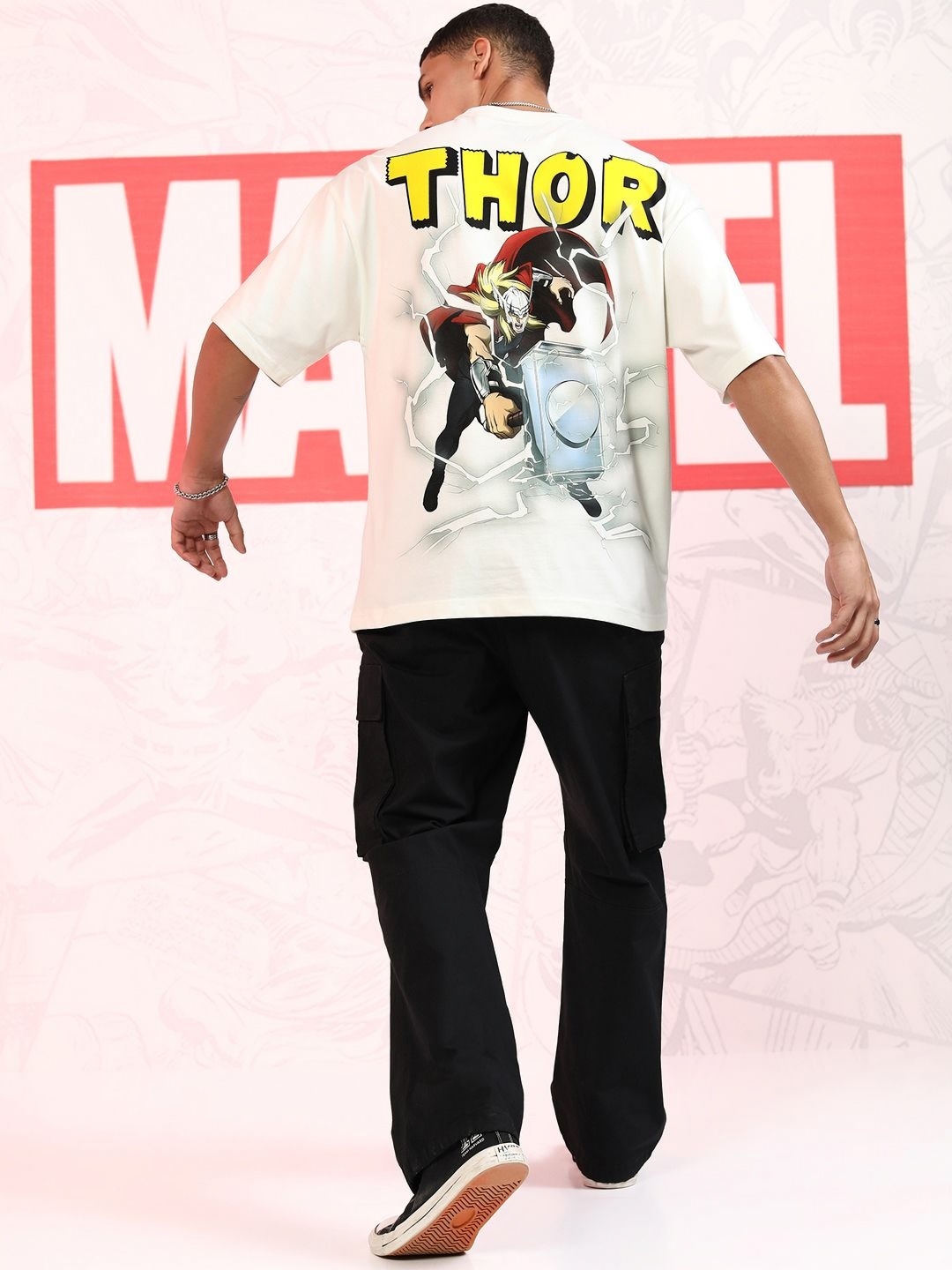

Highlander Marvel Men Thor Off Round Neck Oversized Drop Shoulder Tshirt, Off white