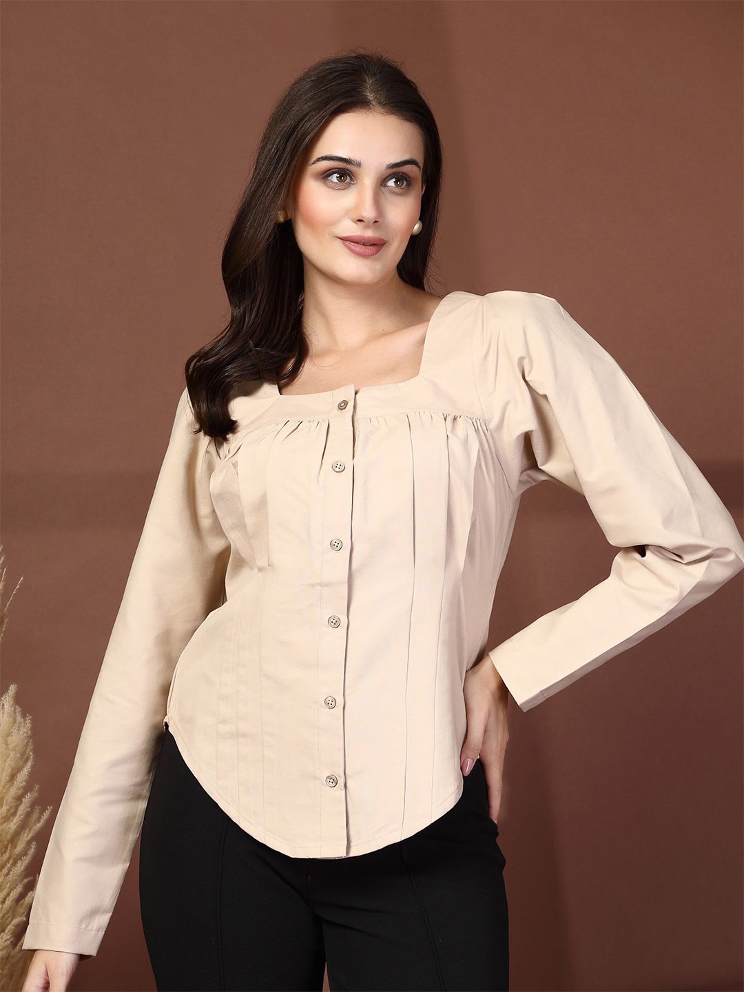 

plusS Women Collarless Solid Cotton Casual Shirt, Beige