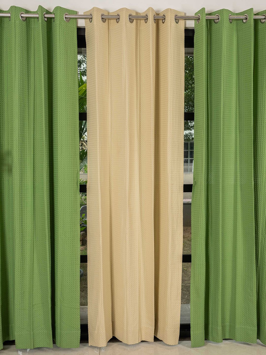 

URBAN SPACE Green & Beige 3 Pieces Cotton Long Door Curtain