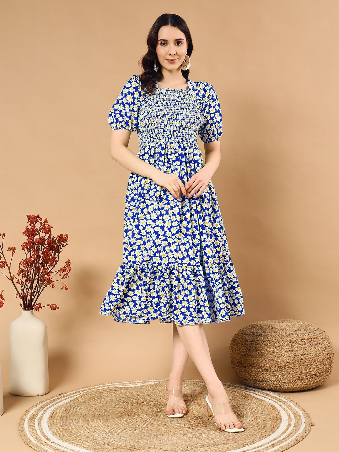 

DEKLOOK Women Floral Printed Smocked Fit & Flare Dress, Blue
