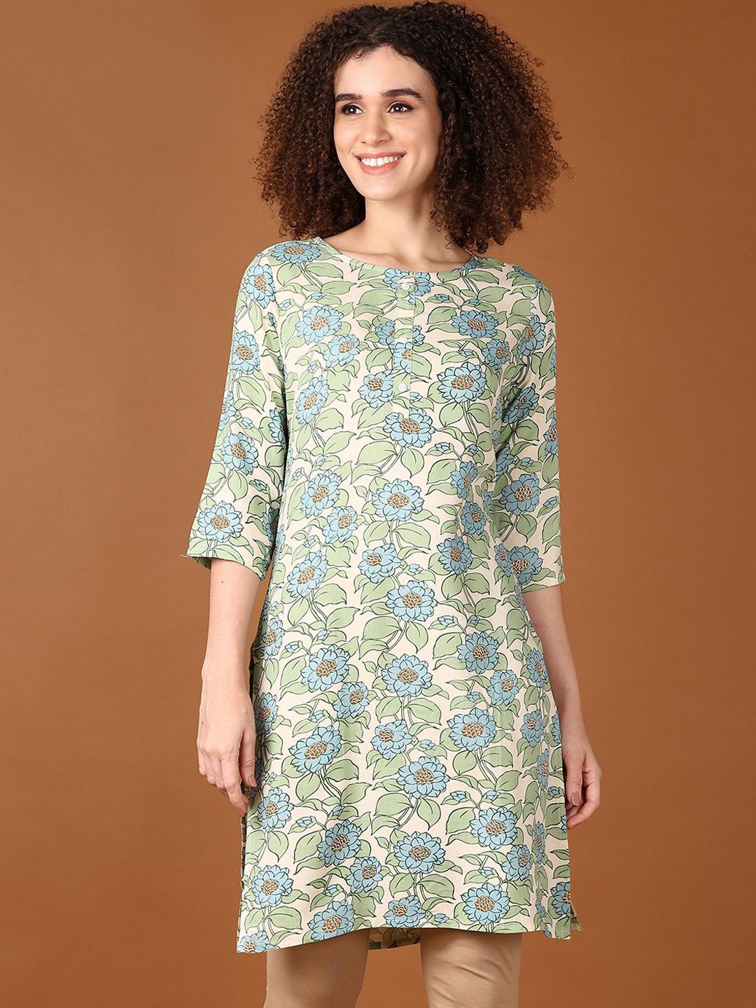 

V-Mart Floral Printed Round Neck Three-Quarter Sleeves Regular Straight Kurta, Sea green