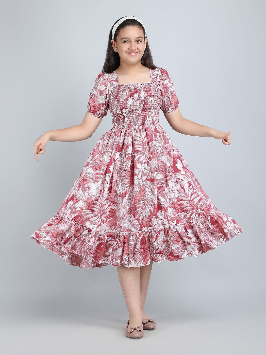 

DEKLOOK Girl Puff Sleeve Crepe Formal Fit & Flare Midi Dress, Pink