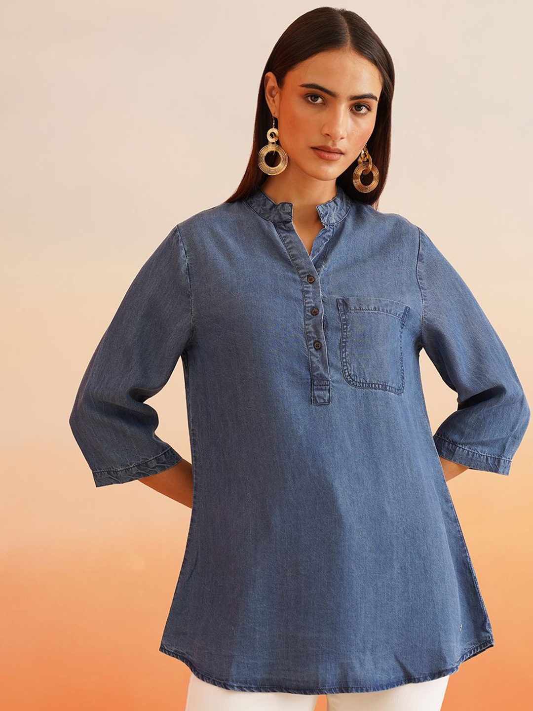 

Beatnik Mandarin Collar Denim Tunic, Blue