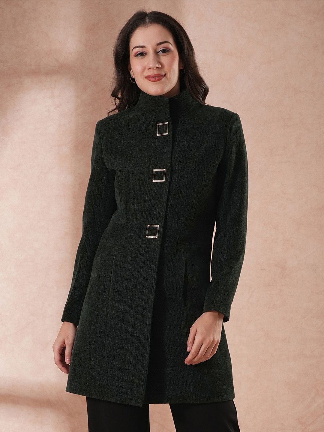 

Globus Women Mandarin Collar Self Design Single-Breasted Overcoat, Green