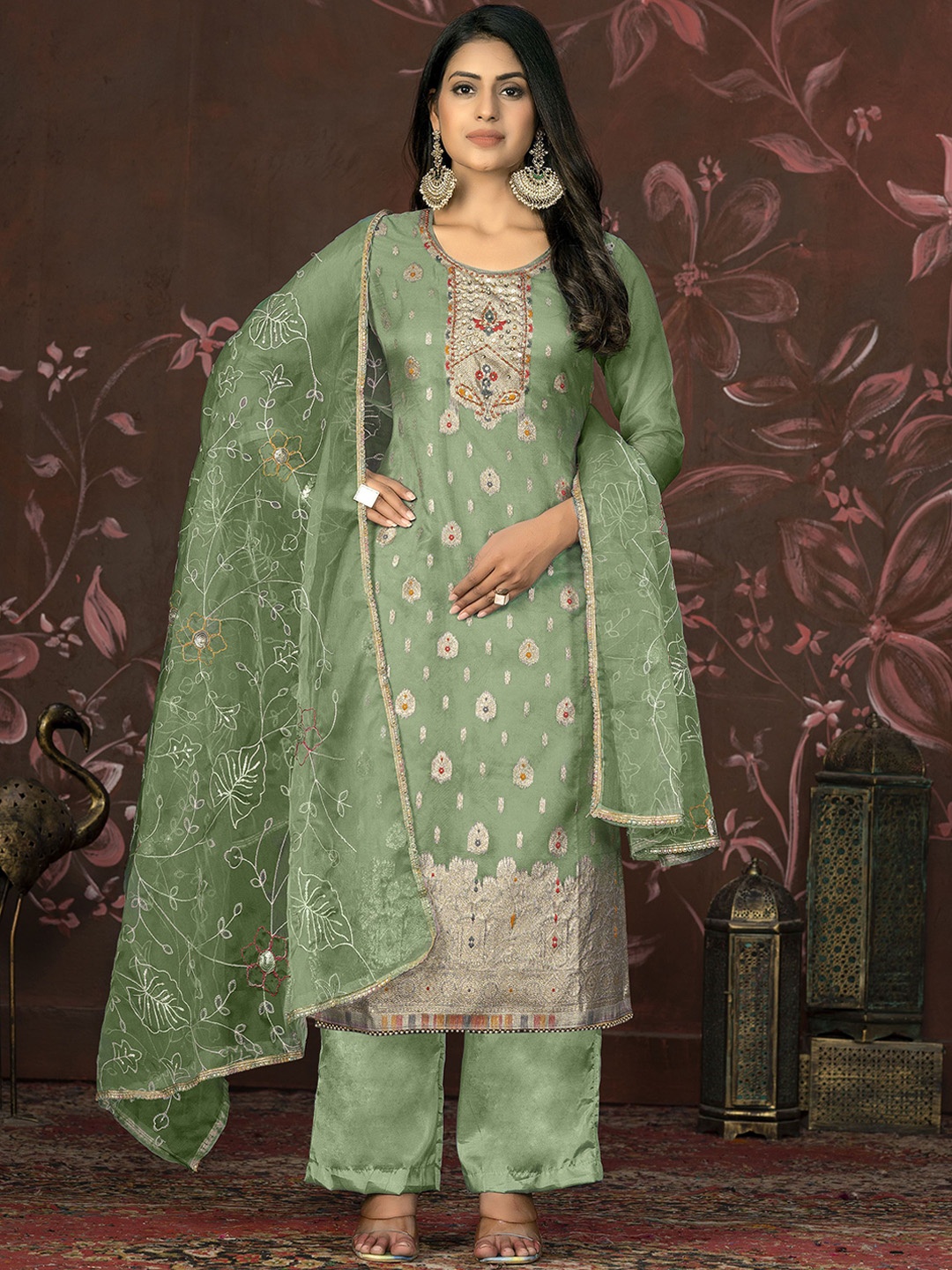 

Maroosh Ethnic Motifs Woven Design Organza Zari Unstitched Dress Material, Green