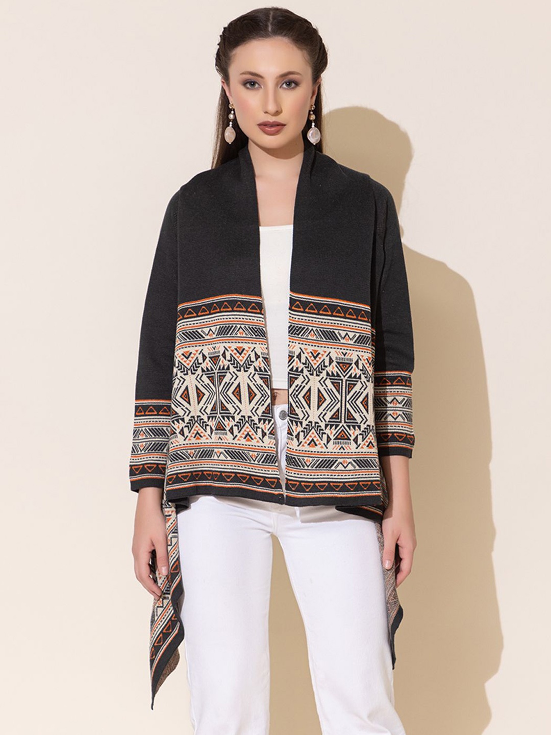 

Anouk Grey Ethnic Motifs Printed Open Front Shrug