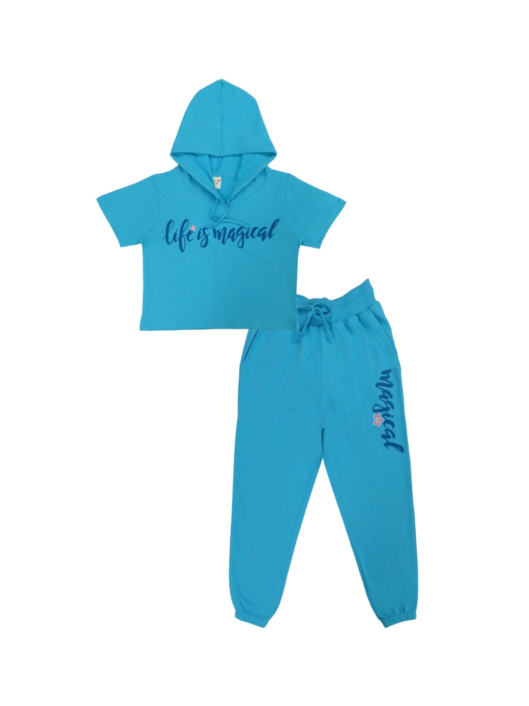 

Clothe Funn Kids Printed Hooded Short Sleeves Pure Cotton T-Shirt With Jogger, Blue