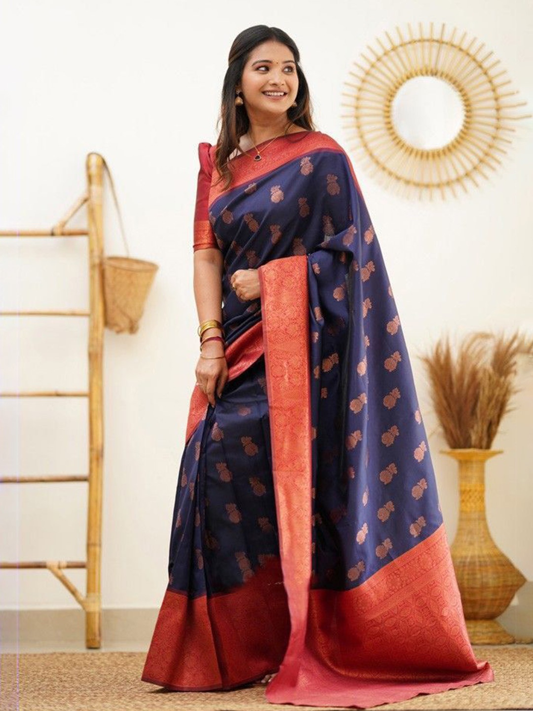 

KALINI Woven Design Zari Pure Silk Kanjeevaram Saree, Navy blue