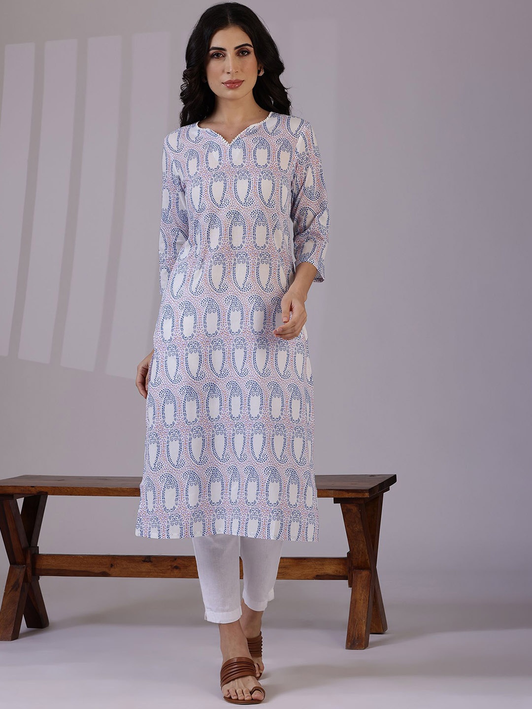 

W Off White Paisley Printed Round Neck Three-Quarter Sleeves Pure Cotton Straight Kurta