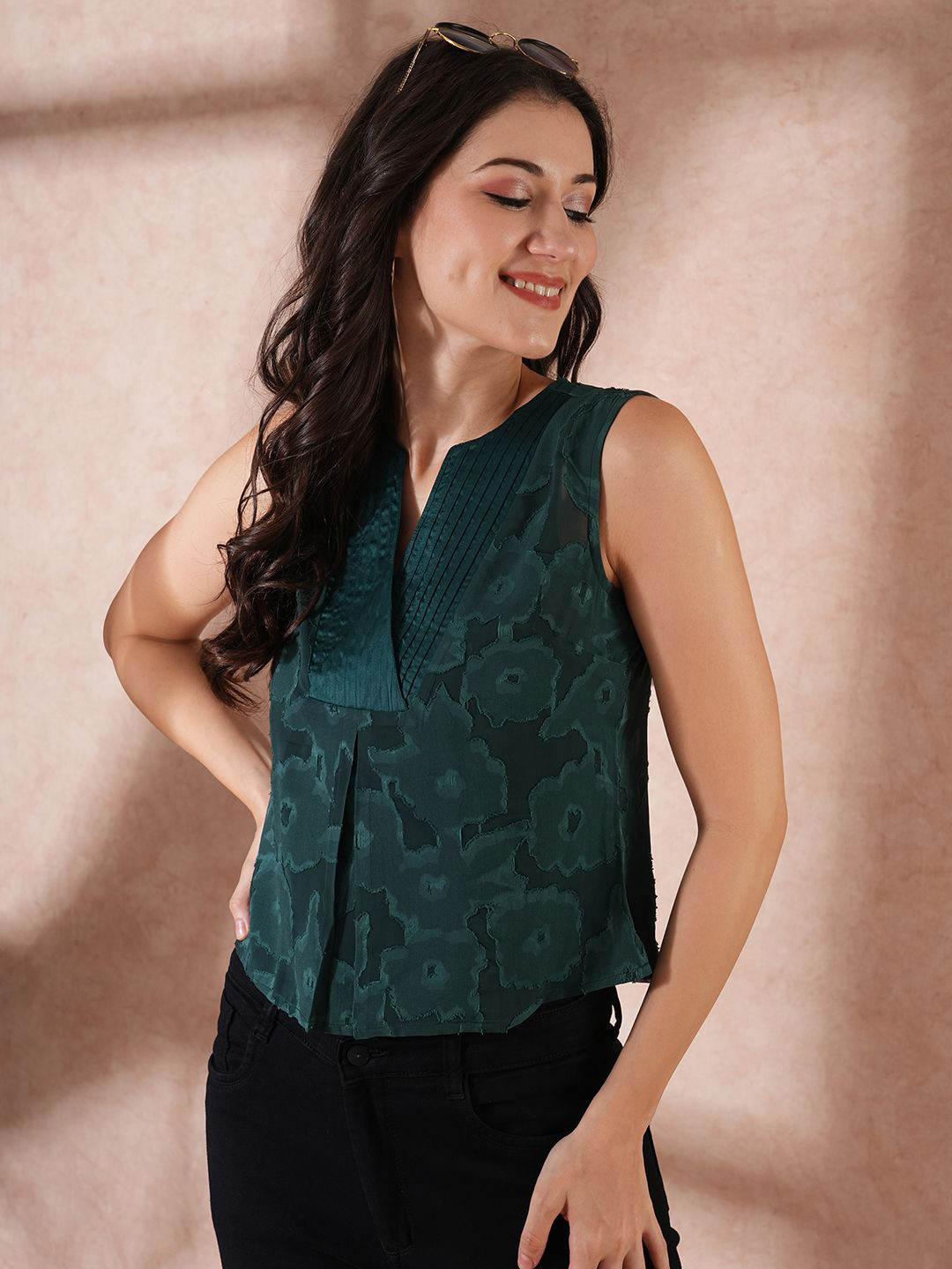 

Globus Women Floral Self-Design Party Top, Green