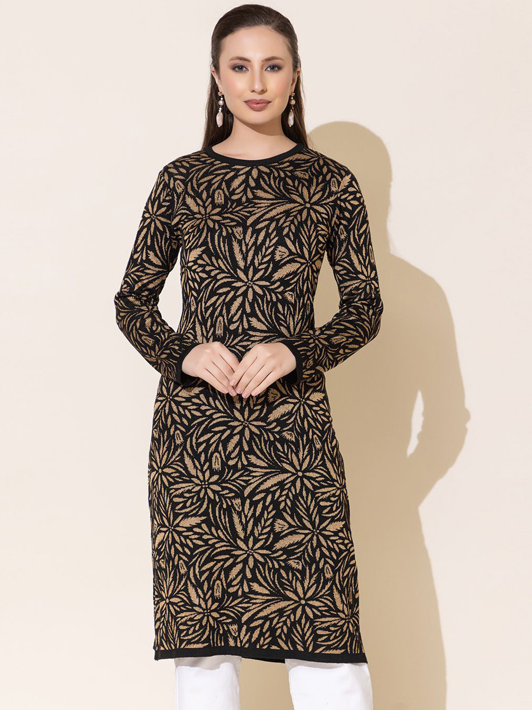 

Anouk Black and Cream Floral Woven Design Straight Kurta