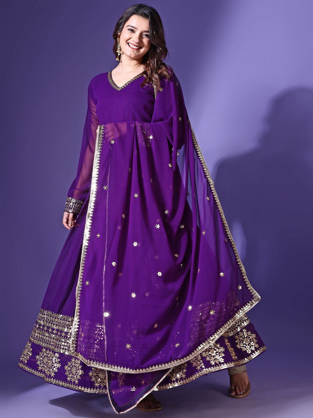 

KALINI Floral Embroidered Sequined Anarkali Kurta With Trousers & Dupatta, Purple