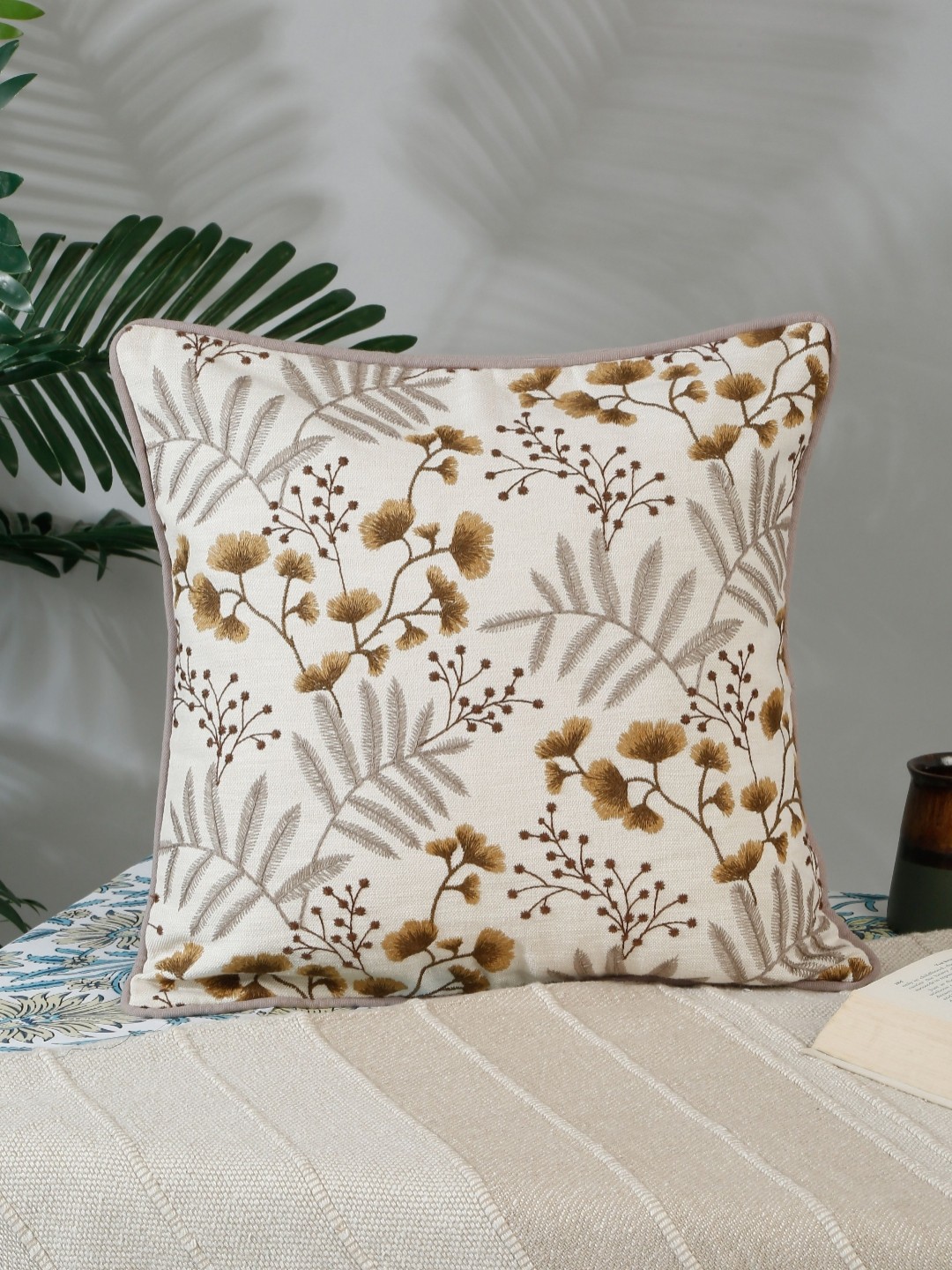 

NISRAG HOME Beige & Brown Floral Printed Cotton Square Cushion Cover