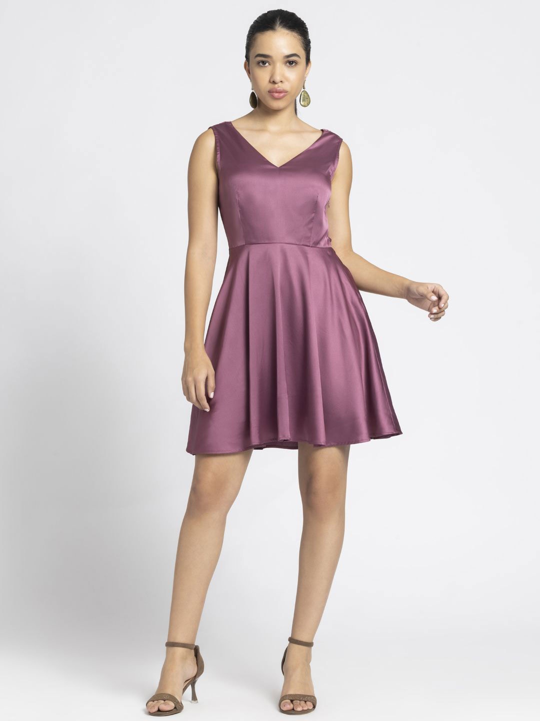 

SHAYE Women Satin V-Neck Fit & Flare Dress, Pink