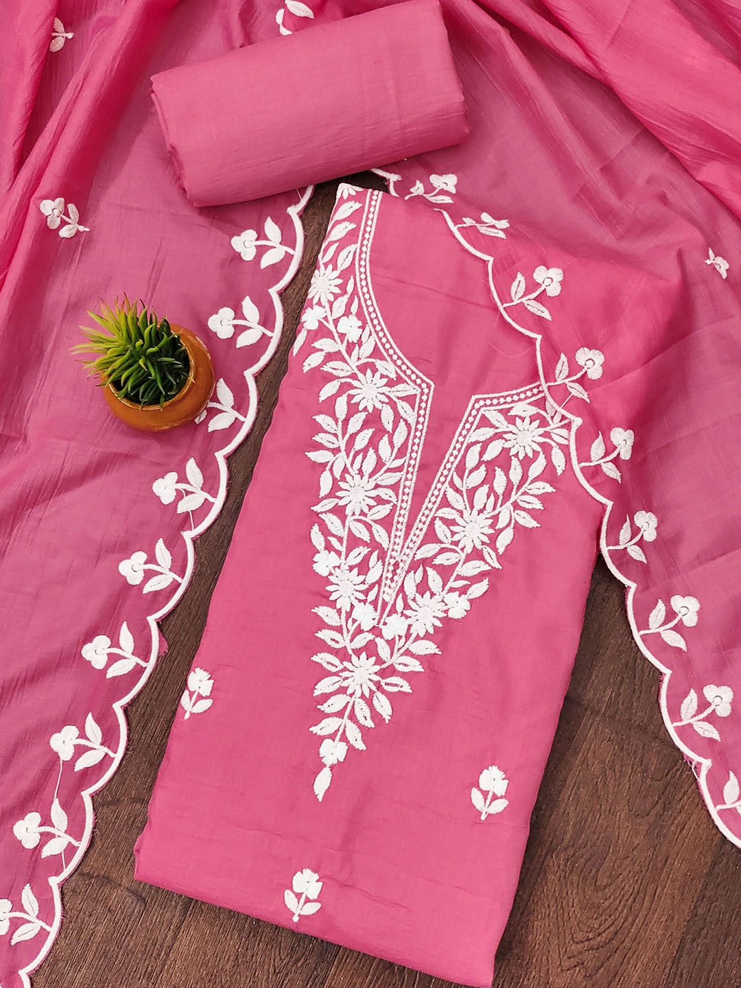 

KALINI Floral Embroidered Pure Cotton Unstitched Dress Material, Pink