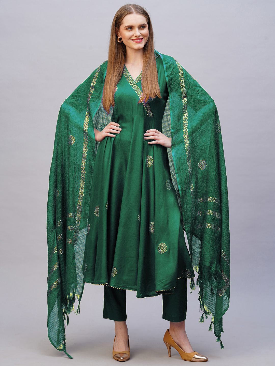 

KALINI Floral Printed V-Neck Zari Anarkali Kurta With Trousers & Dupatta, Green