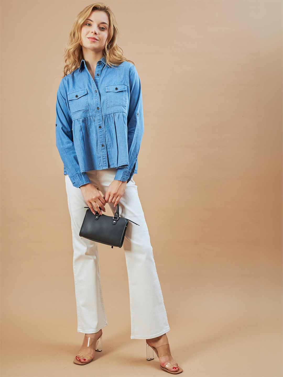 

Gazillion Women Original Spread Collar Solid Cotton Relaxed Fit Casual Shirt, Blue