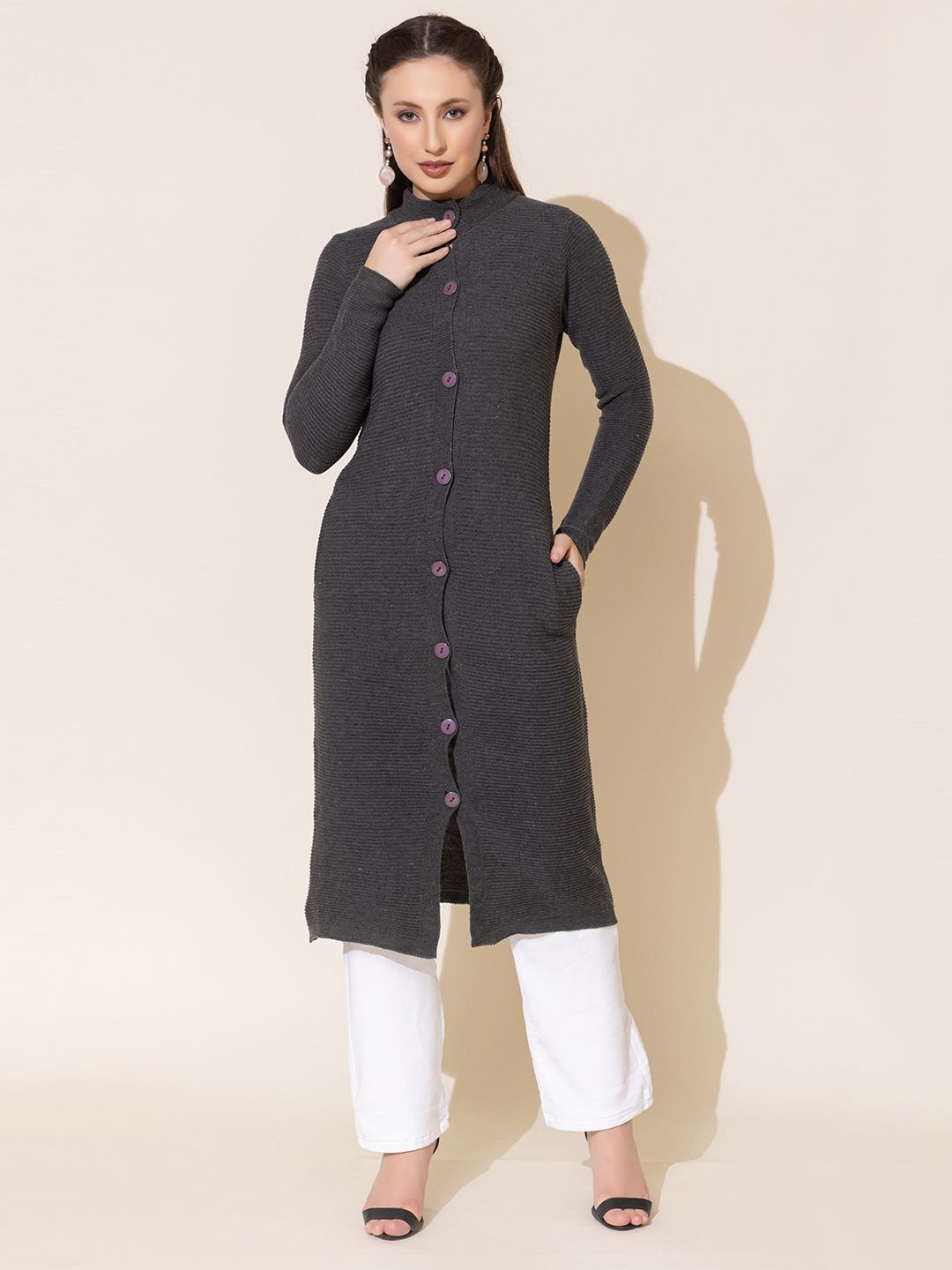 

Anouk Women Ribbed Longline Winter Cardigan, Grey
