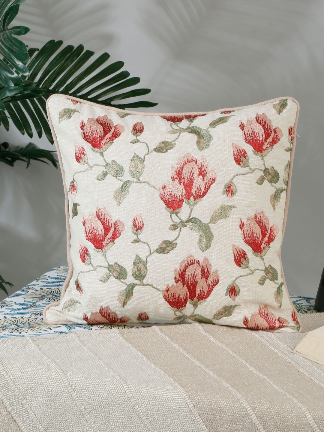 

NISRAG HOME White & Red Floral Printed Cotton Square Cushion Cover