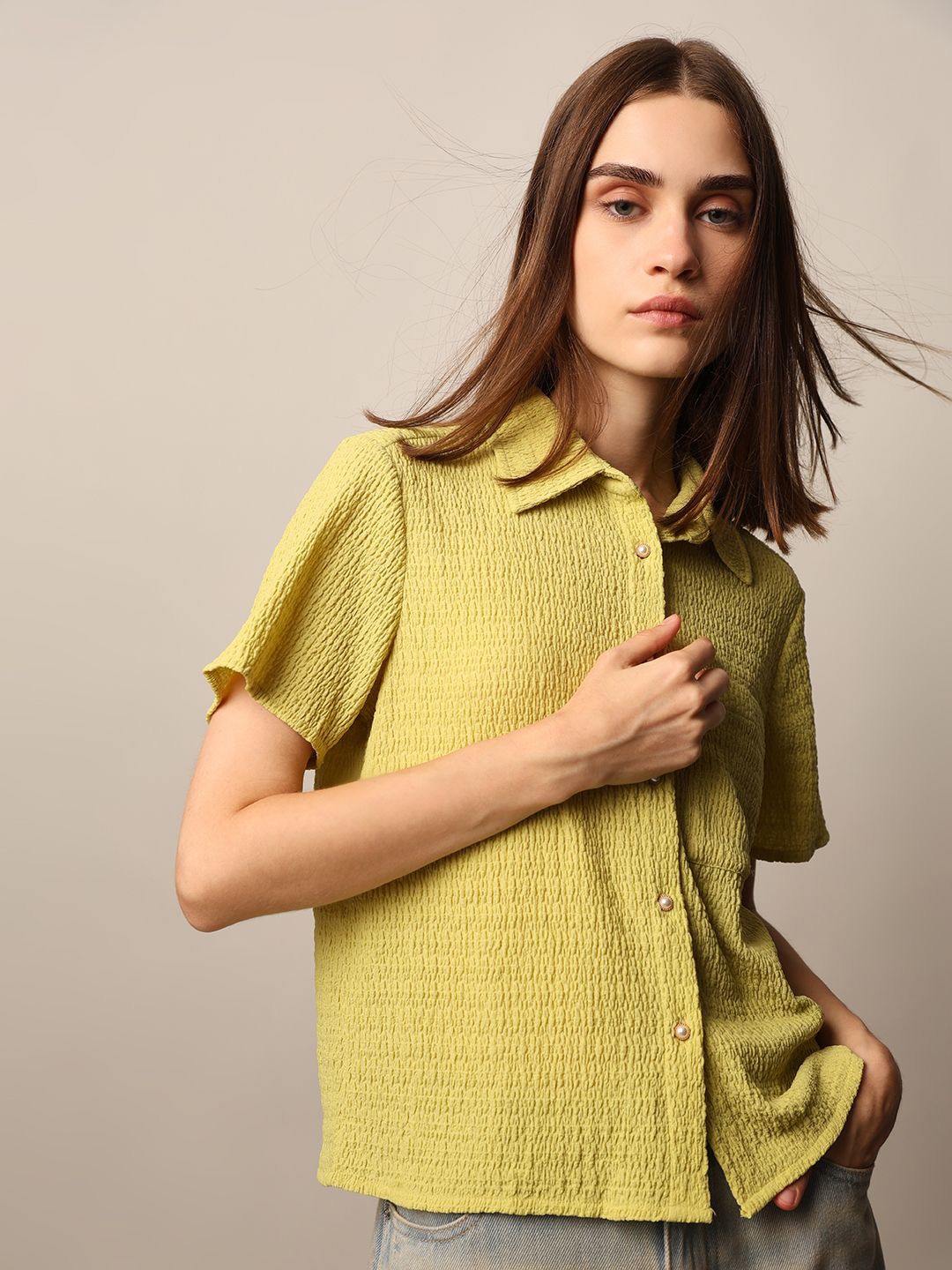 

ONLY Women Spread Collar Textured Casual Shirt, Lime green