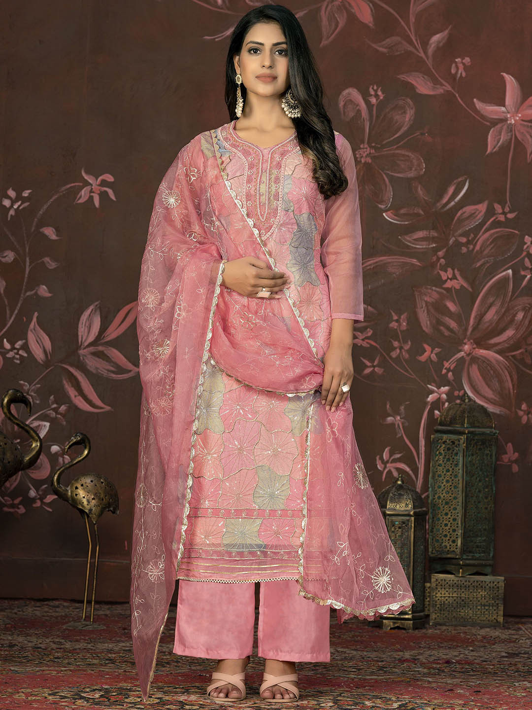

Maroosh Floral Printed Organza Unstitched Dress Material, Peach