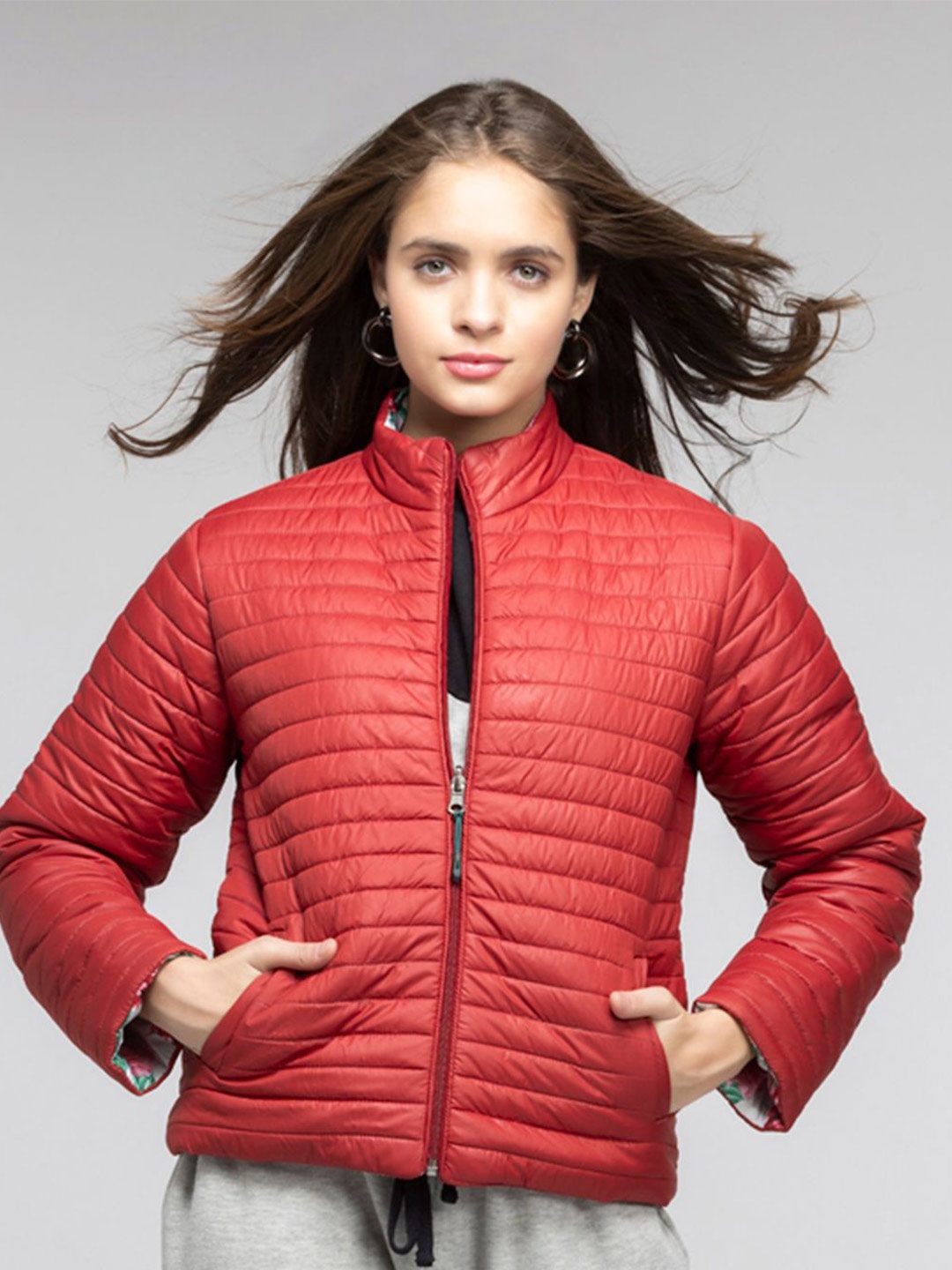 

SHAYE Women Mock Collar Solid Casual Puffer Reversible Jacket, Red