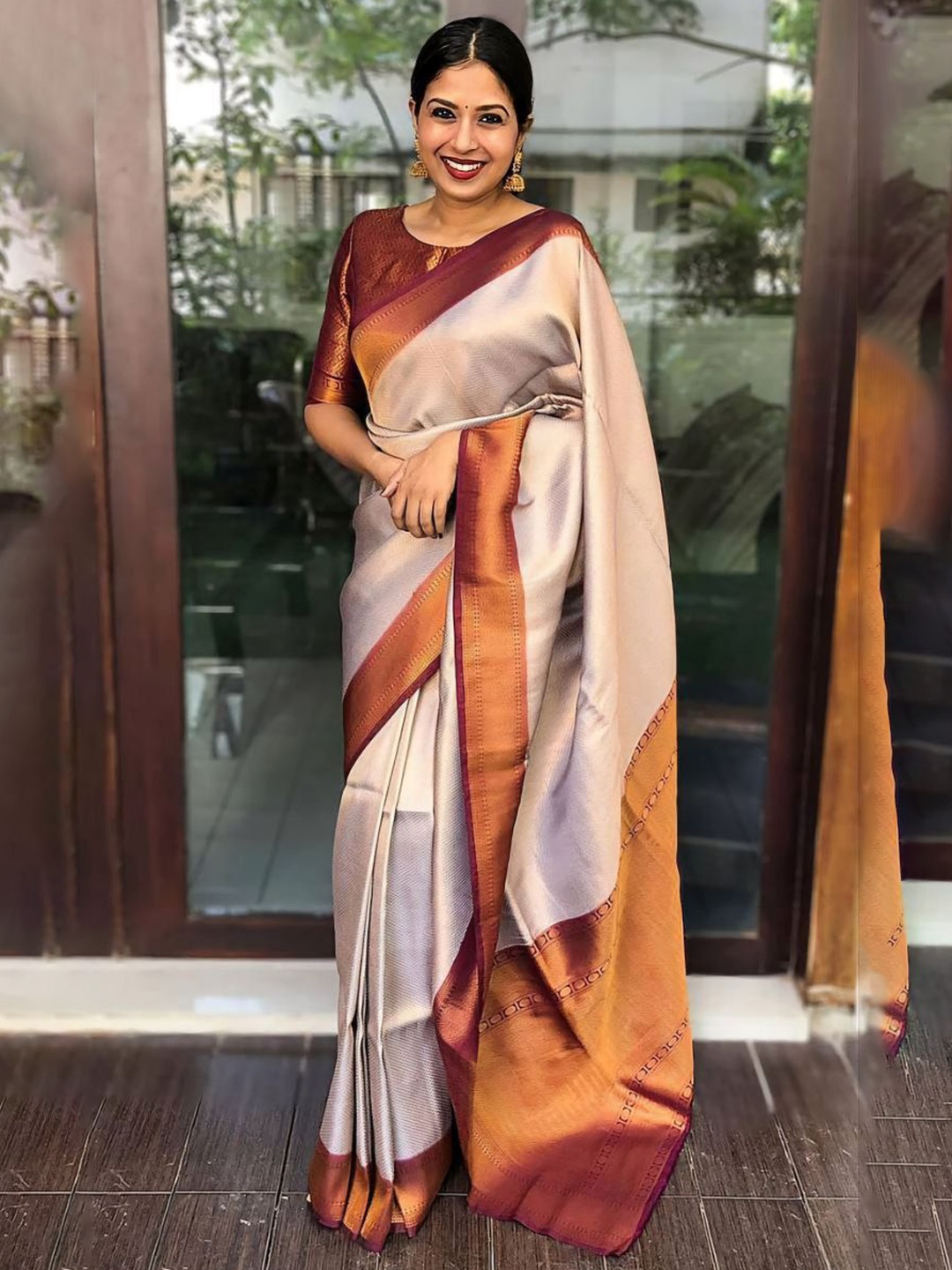 

KALINI Woven Design Zari Pure Silk Kanjeevaram Saree, Cream