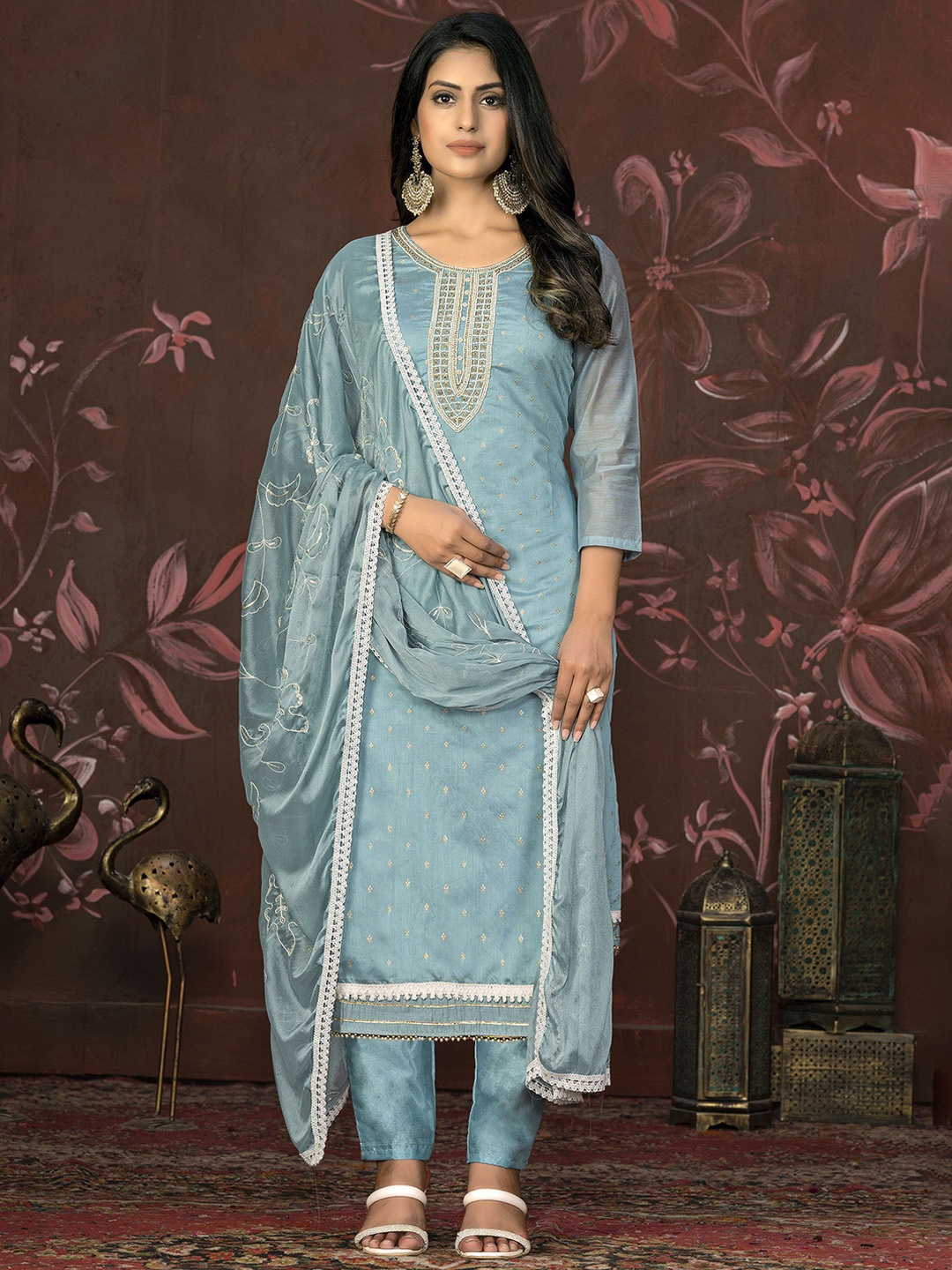 

Maroosh Ethnic Motifs Embroidered Beads and Stones Cotton Unstitched Dress Material, Turquoise blue