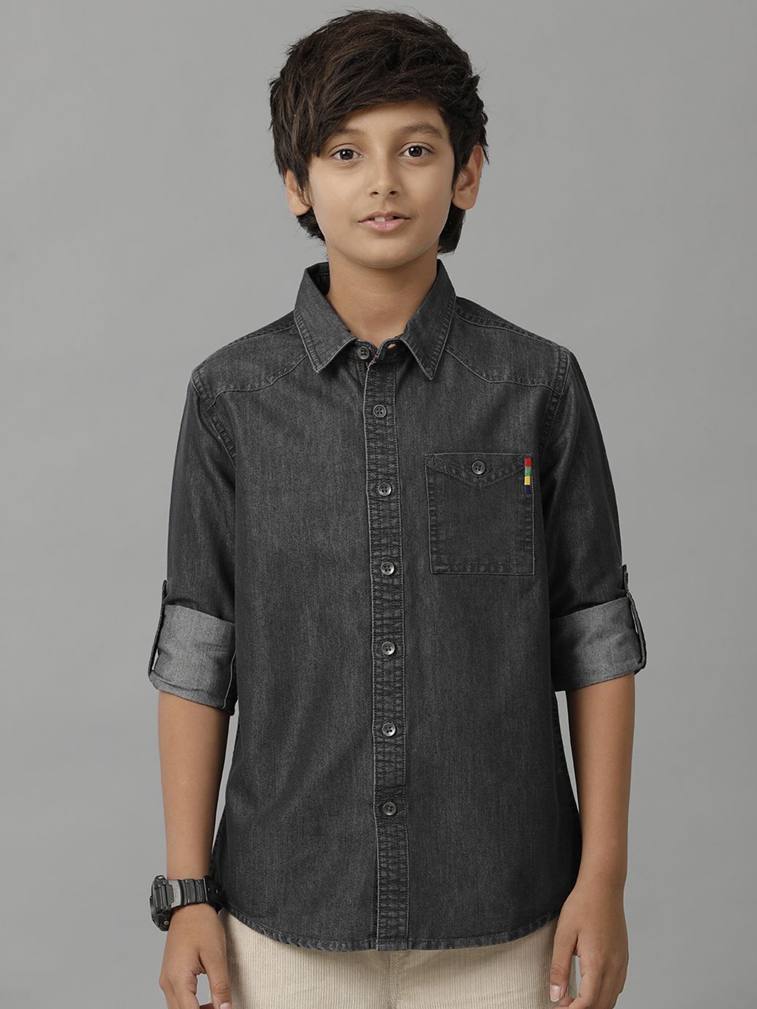 

UNDER FOURTEEN ONLY Boys Spread Collar Faded Cotton Casual Shirt, Charcoal