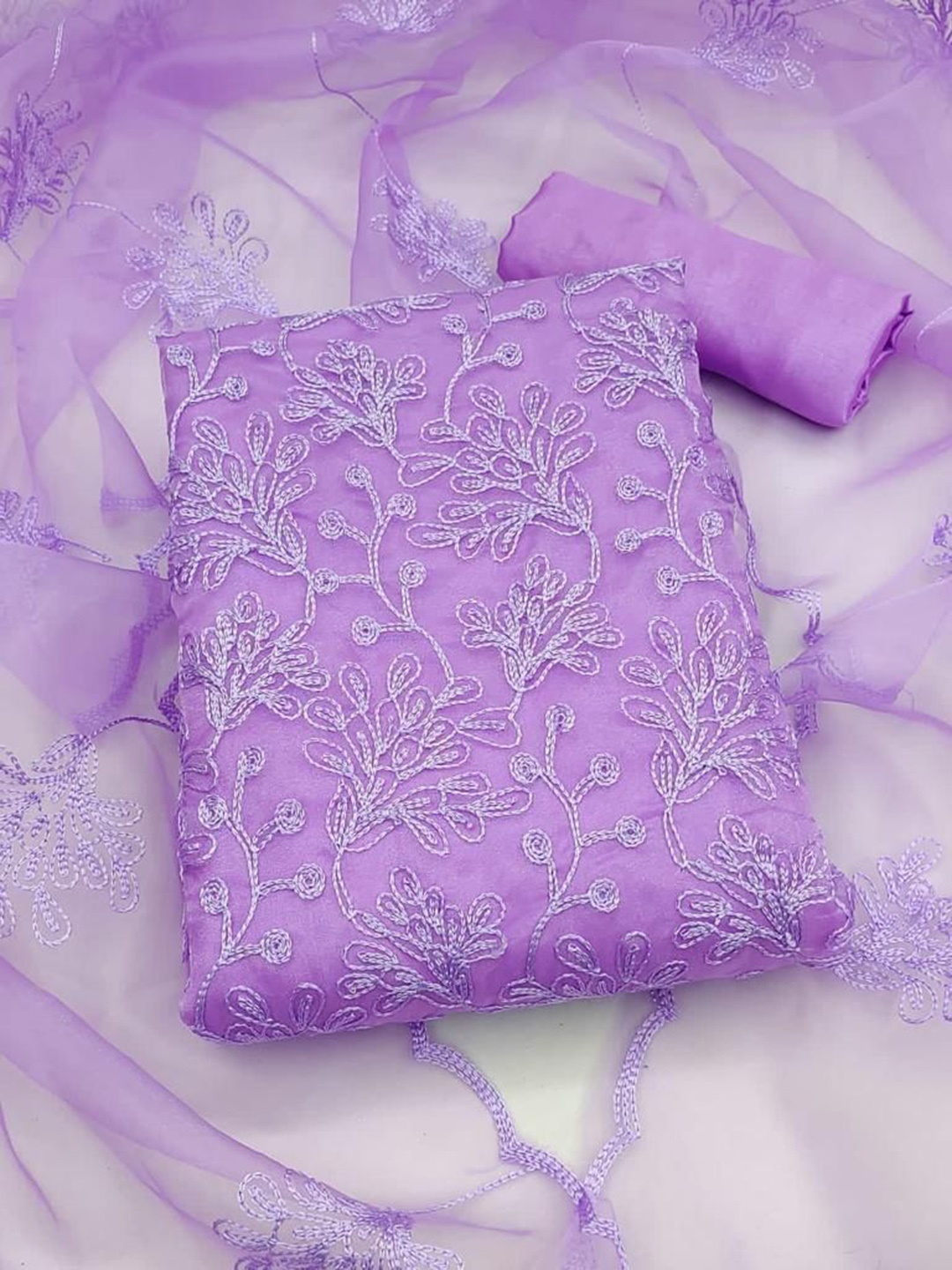 

Sidhidata Floral Embroidered Thread Work Organza Unstitched Dress Material, Purple