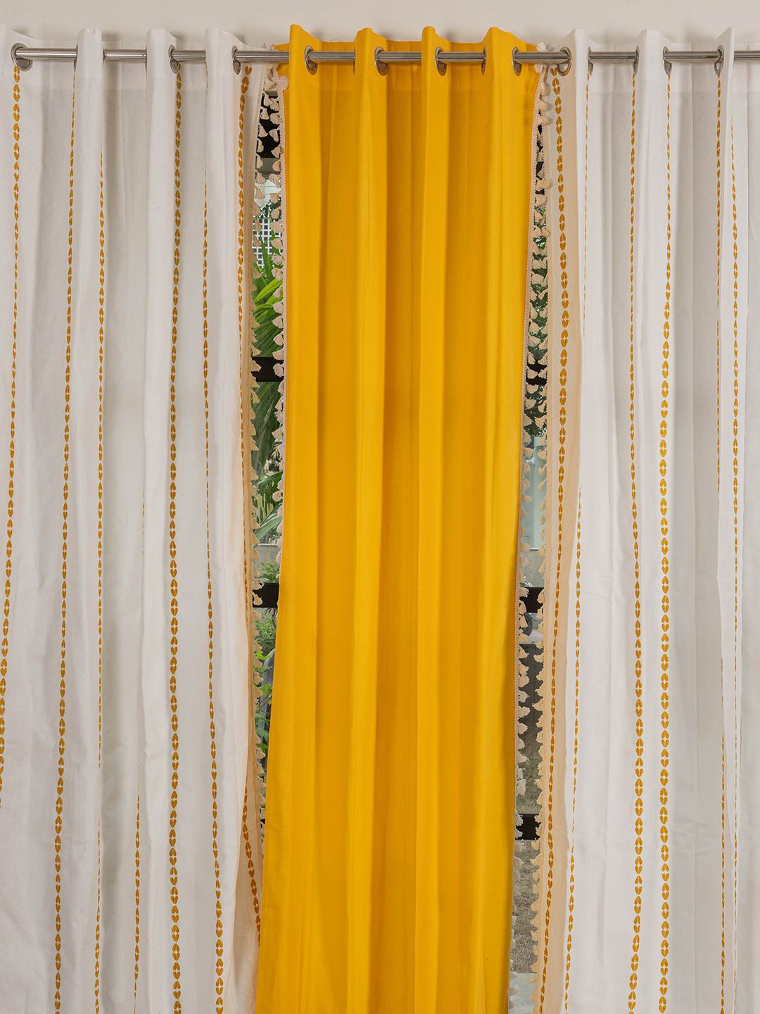 

URBAN SPACE Yellow & White 3 Pieces Embroidered Cotton Long Door Curtains