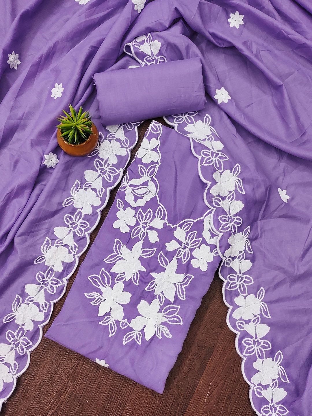 

KALINI Floral Embroidered Pure Cotton Unstitched Dress Material, Purple