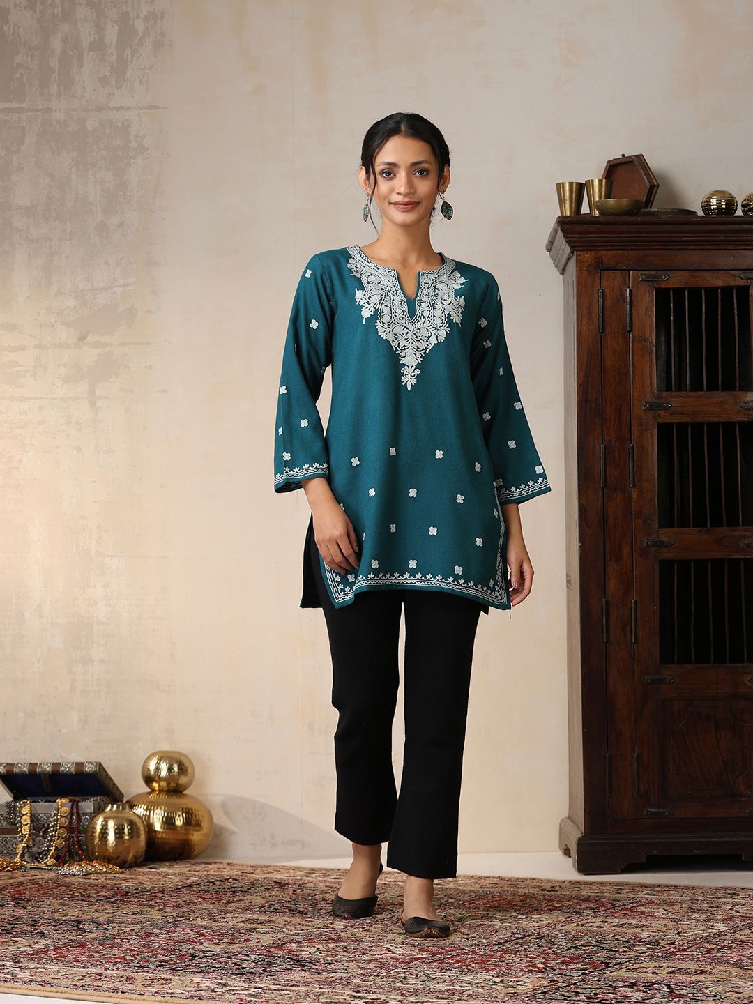 

House of Chikankari Ethnic Motif Embroidered Round Neck Thread Work Straight Woollen Kurti, Teal