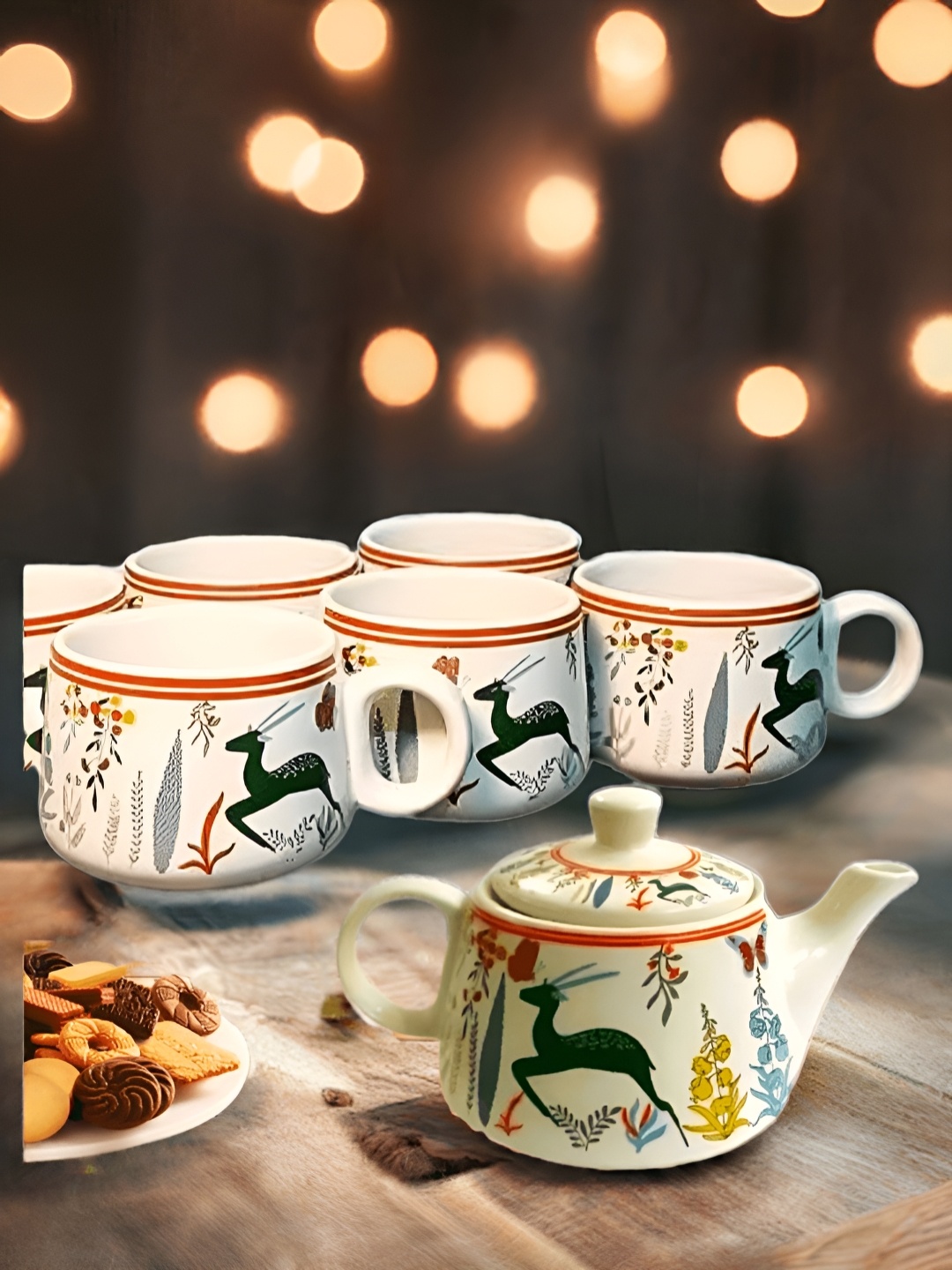 

MITHILA Handicrafts Off White & Red 7 Pieces Printed Ceramic Glossy Mugs With Kettle