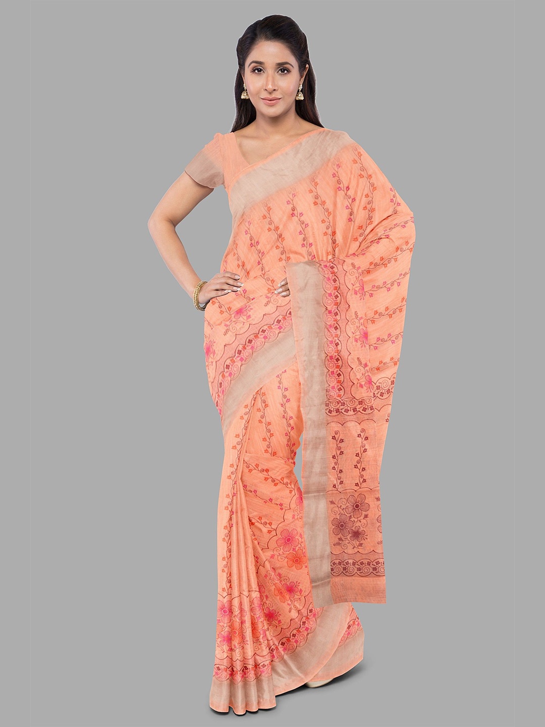 

The Chennai Silks Floral Printed Zari Kota Saree, Orange