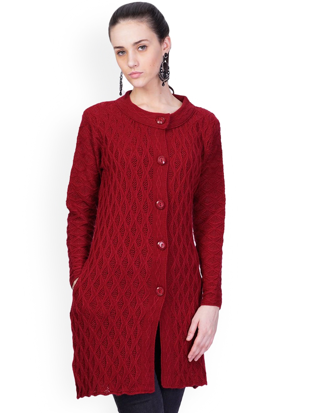 

MONTREX Women Self-Design Single-Breasted Overcoats, Maroon