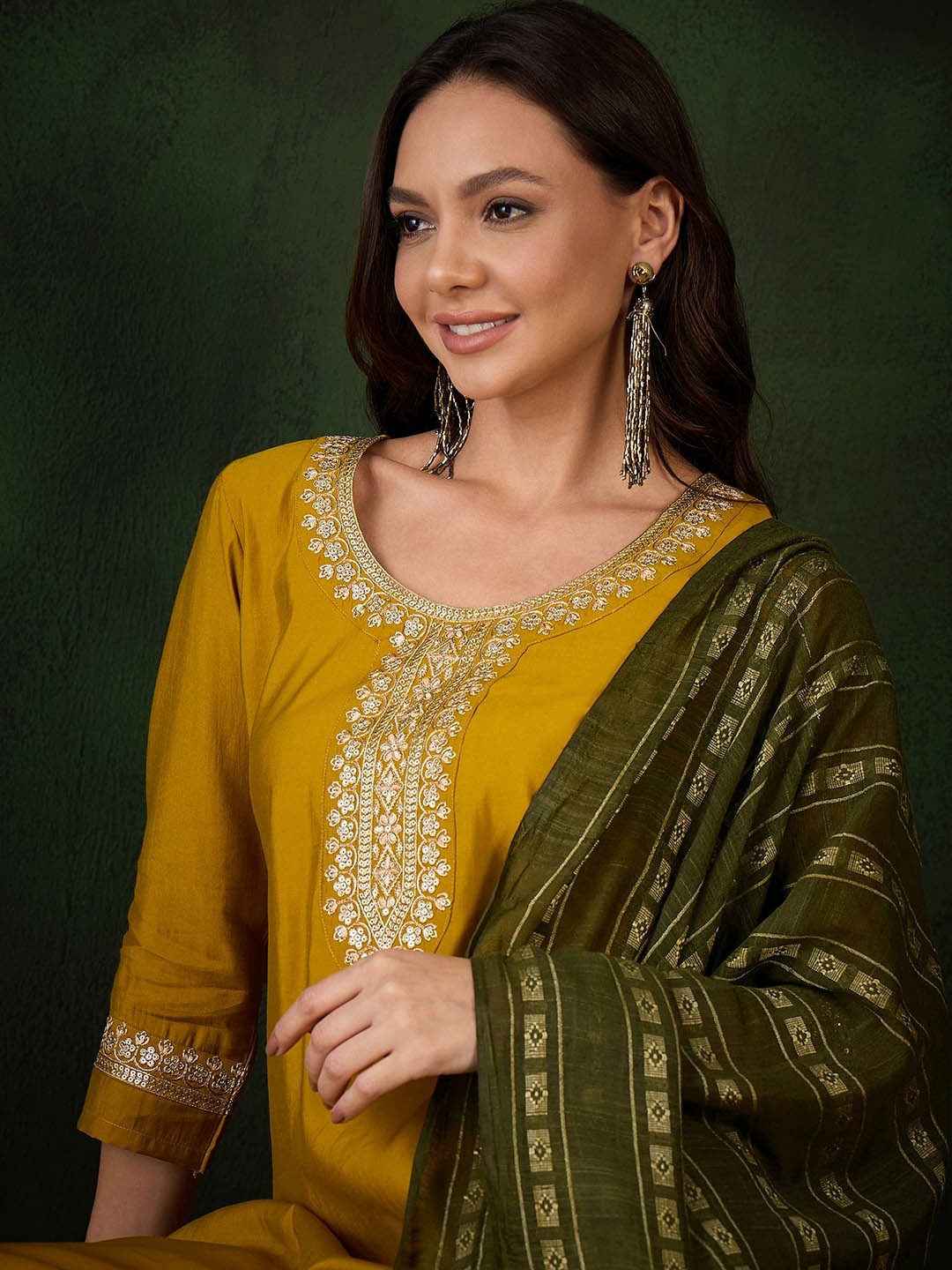 

Sangria Mustard Floral Embroidered Three-Quarter Sleeves Kurta With Trouser With Dupatta