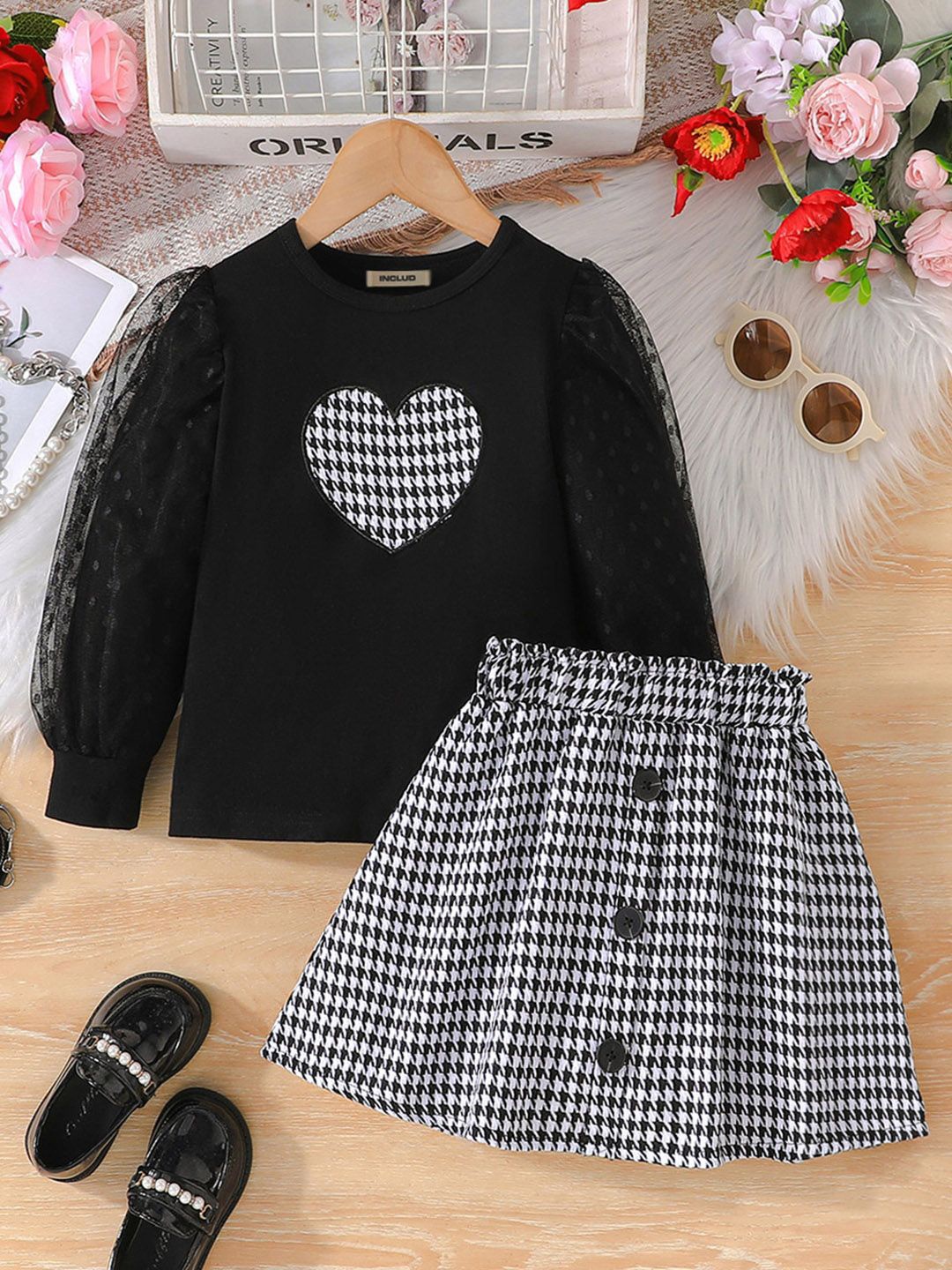 

INCLUD Girls Patch Work Round Neck Long Sleeves Top With Skirt, Black