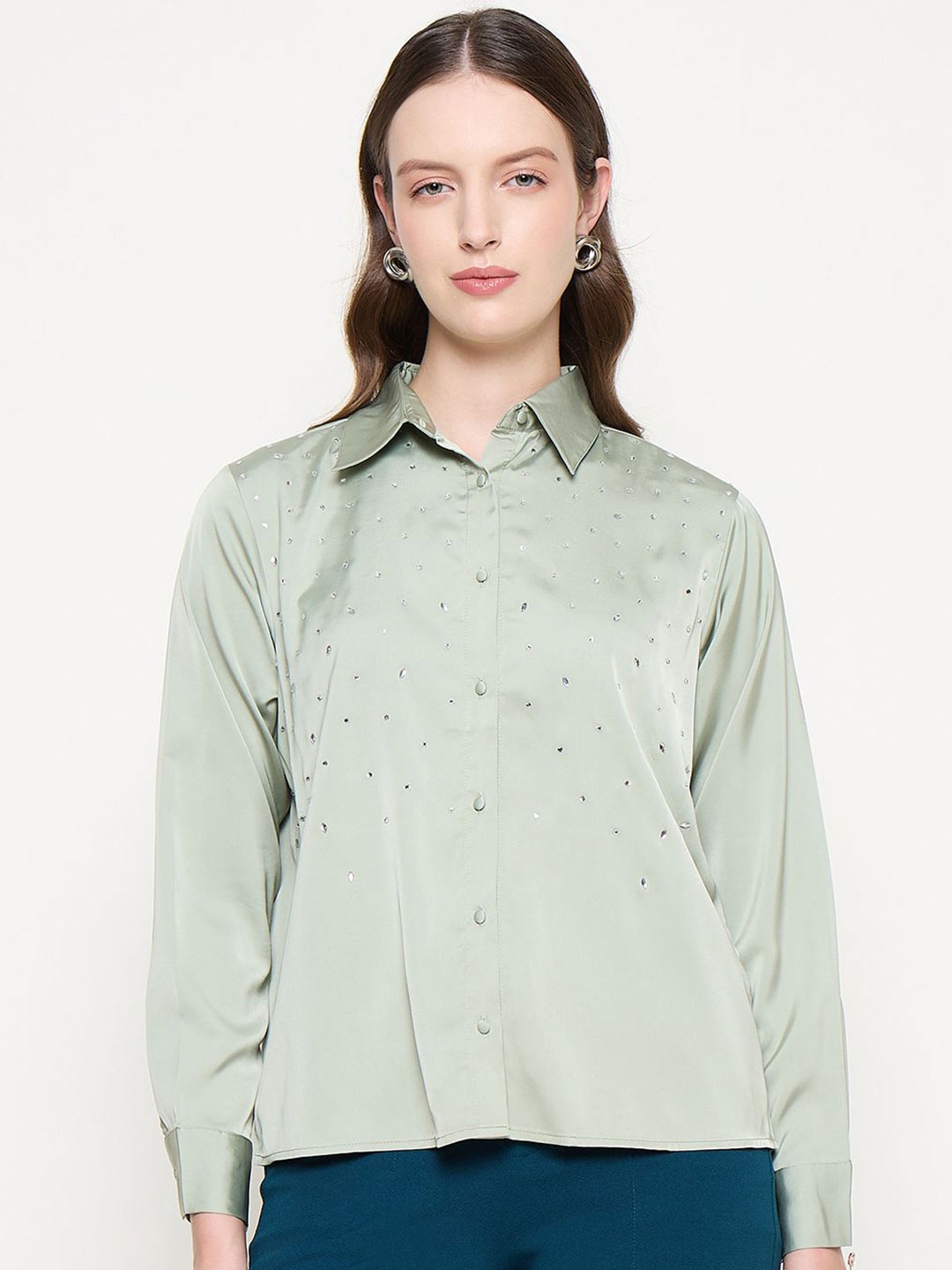 

Madame Women Spread Collar Micro Ditsy Printed Casual Shirt, Green