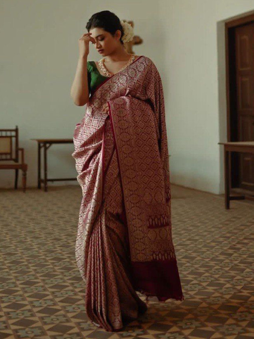 

KALINI Woven Design Pure Silk Banarasi Saree, Maroon
