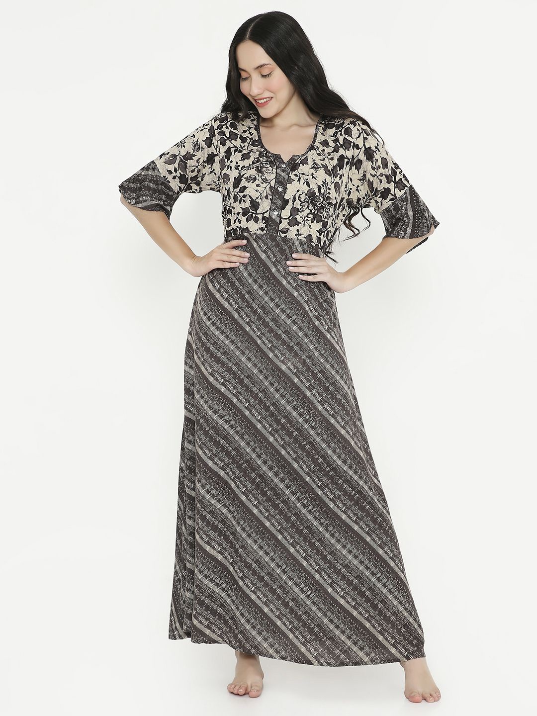 

NIGHTSPREE Printed Round Neck Maxi Nightdress, Black