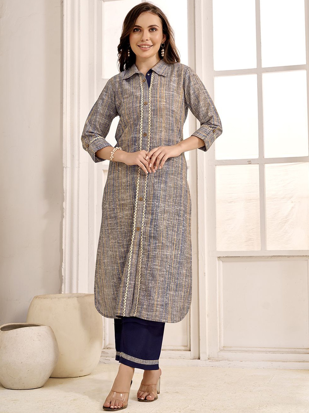 

Anouk Shirt Collar Woven Design Pure Cotton Straight Kurta With Trouser, Beige