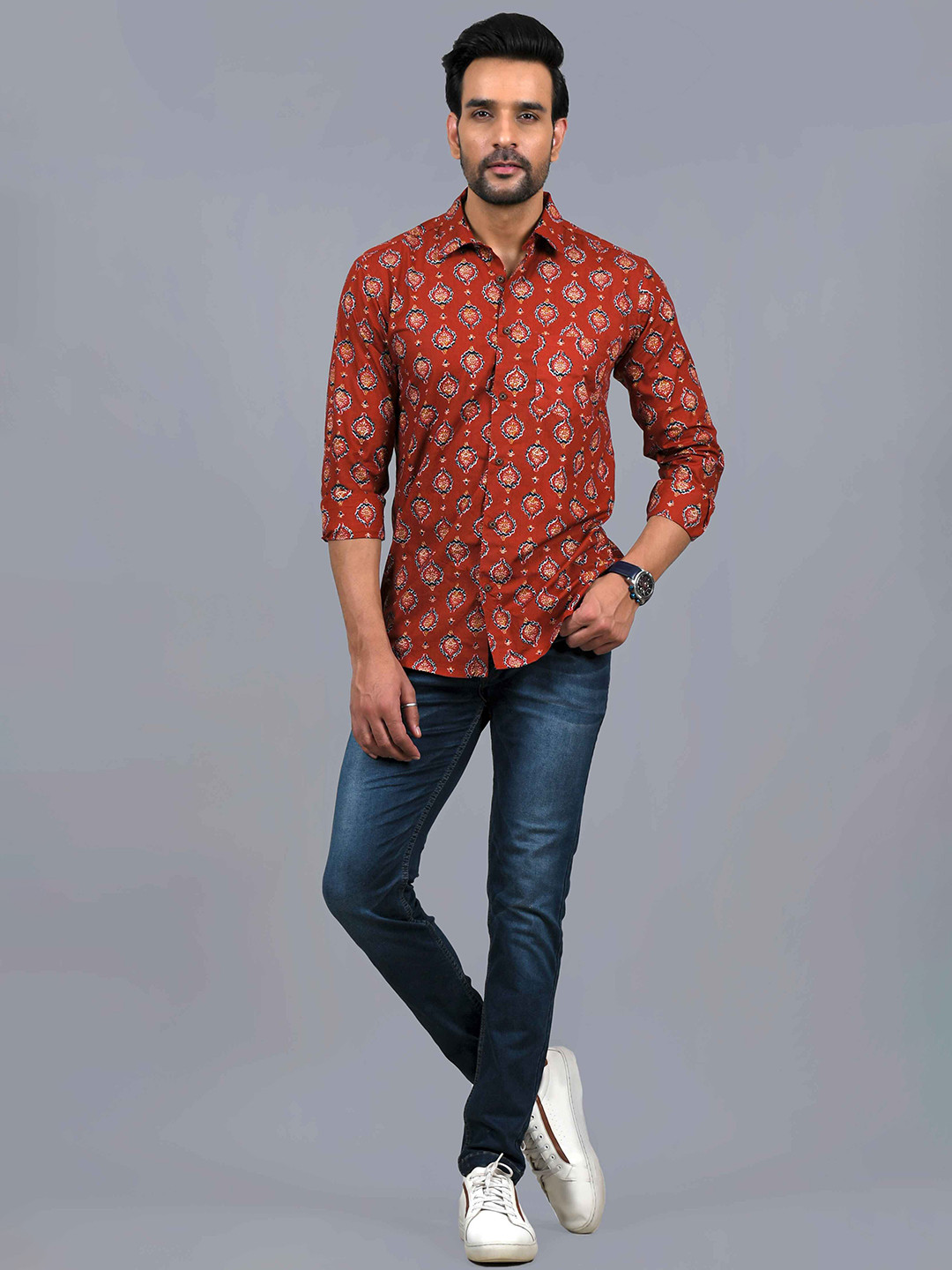 

JAIPURI COLLECTION Men Standard Spread Collar Ethnic Motifs Printed Cotton Casual Shirt, Rust