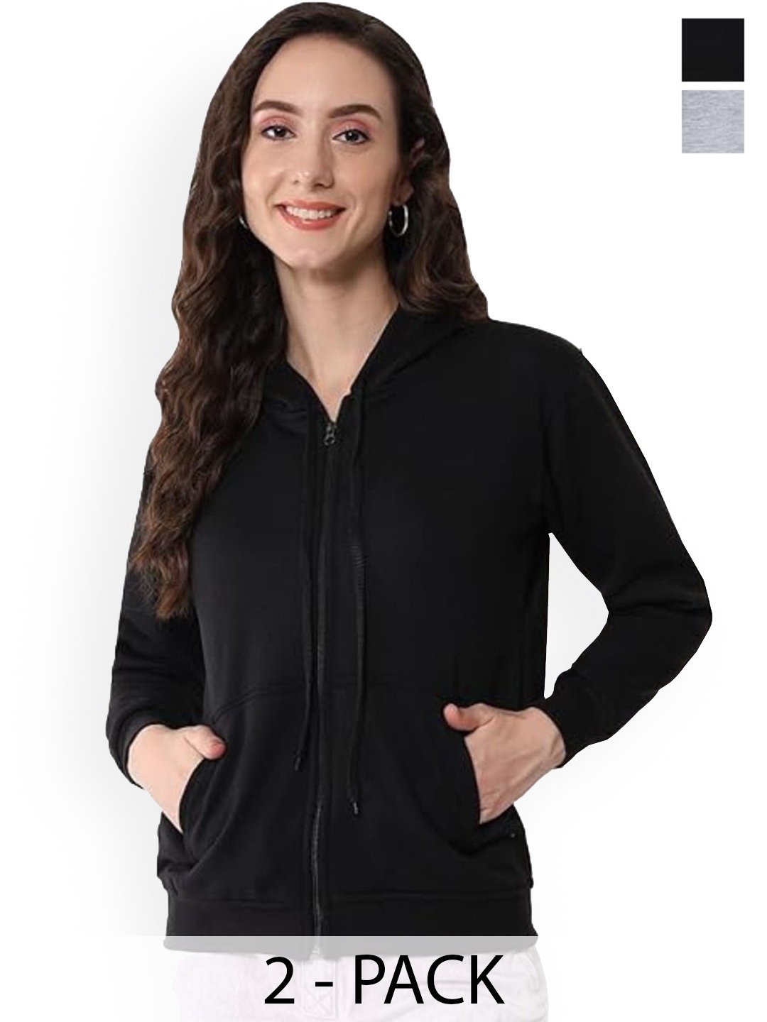 

Funday Fashion Women Pack Of 2 Hooded Solid Fleece Casual Open Front Jackets, Black